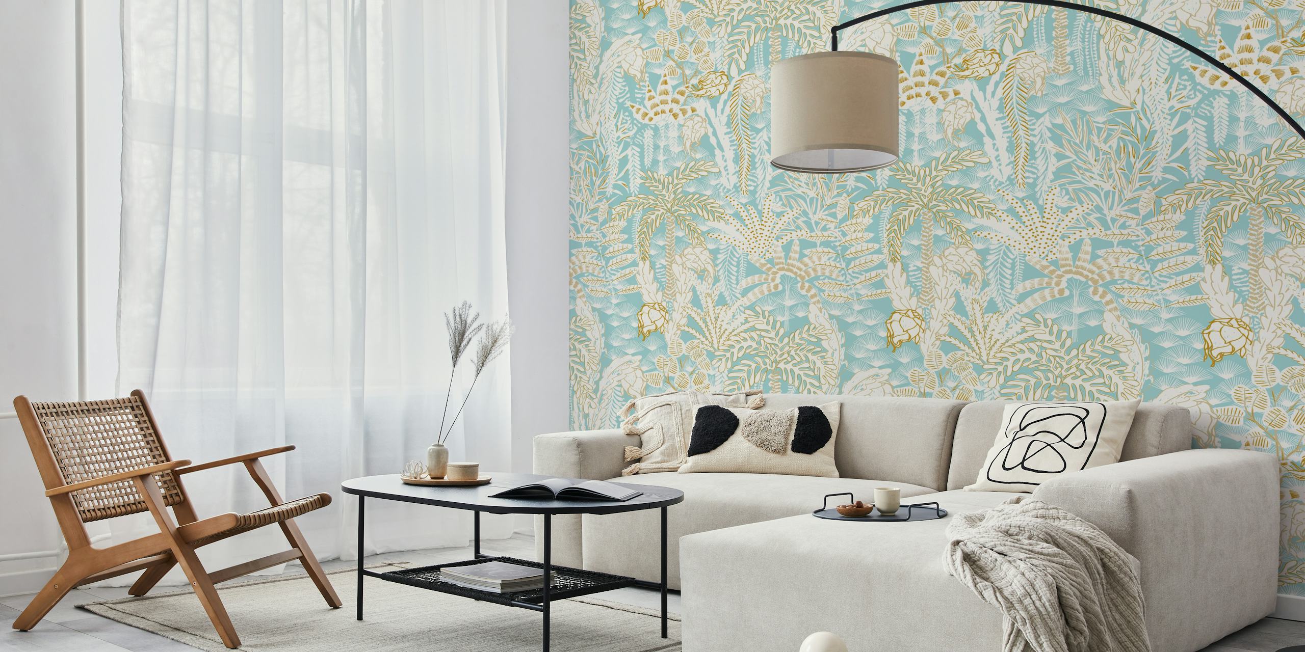 Papier peint à motif de feuillage tropical en blanc chaud et aqua