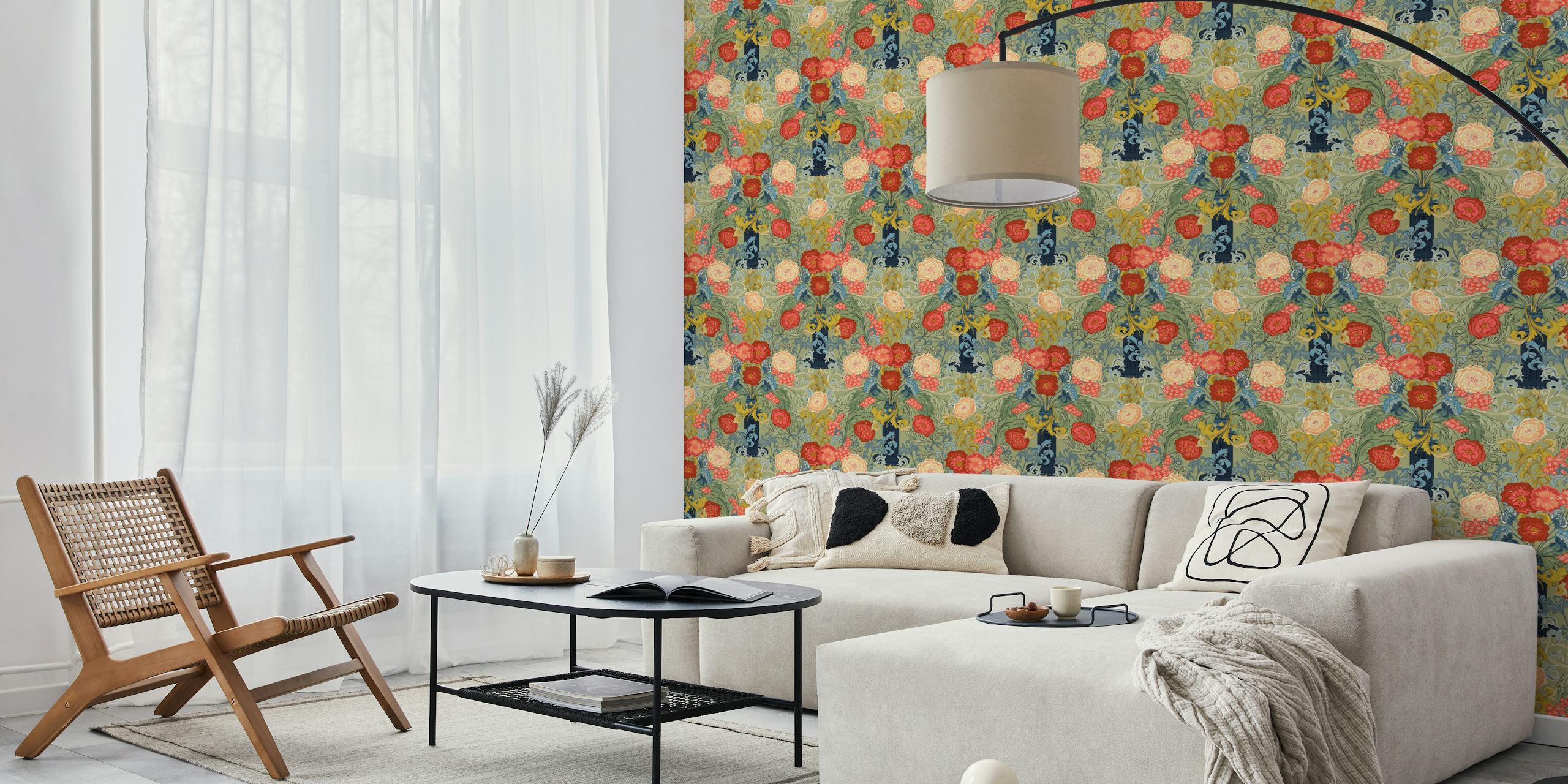 Victorian bloemenbehang met rozen en groene bladeren in salie groene achtergrond.