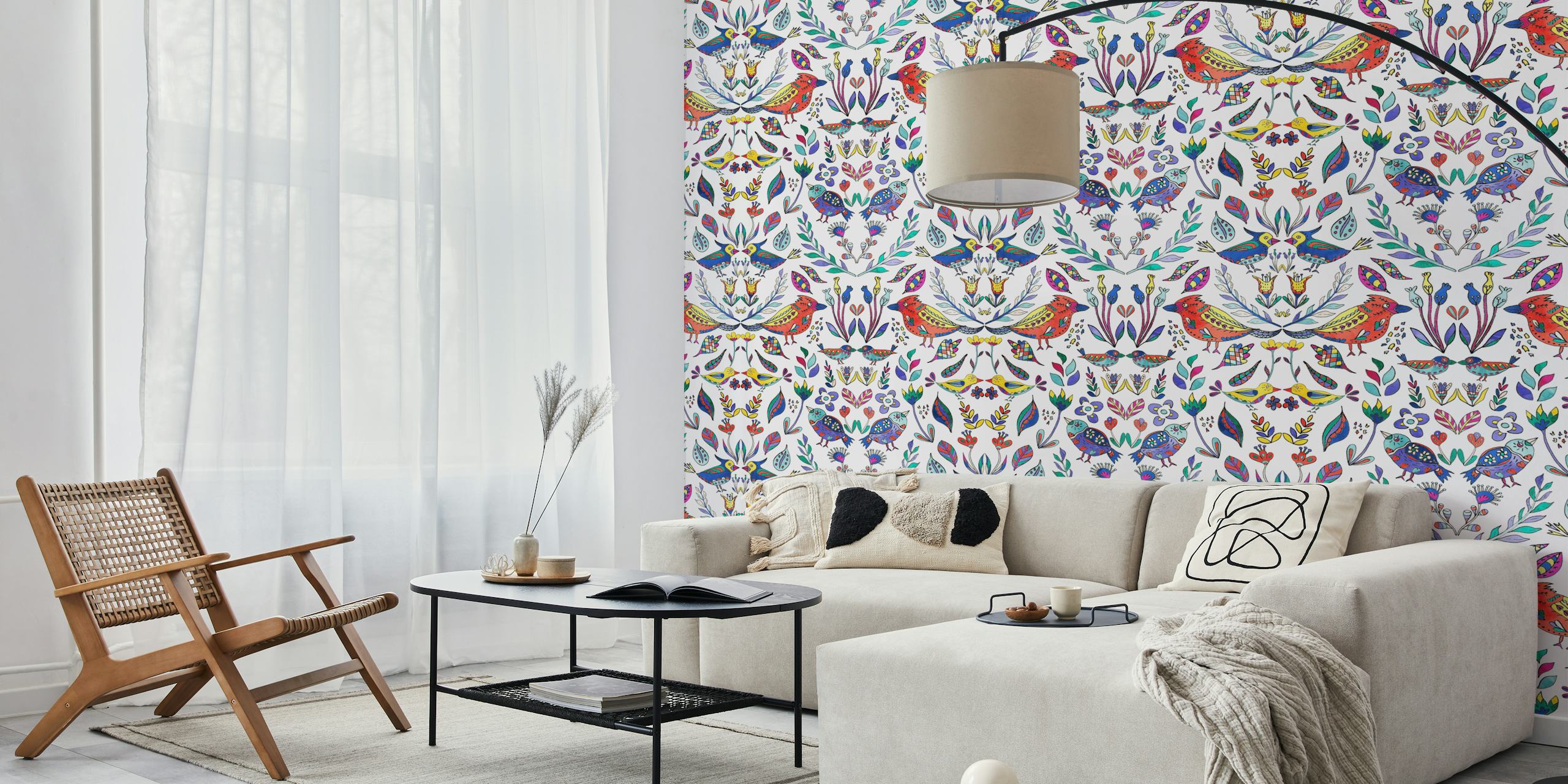 Scandinavian style wall mural featuring colorful birds and flowers on a white background