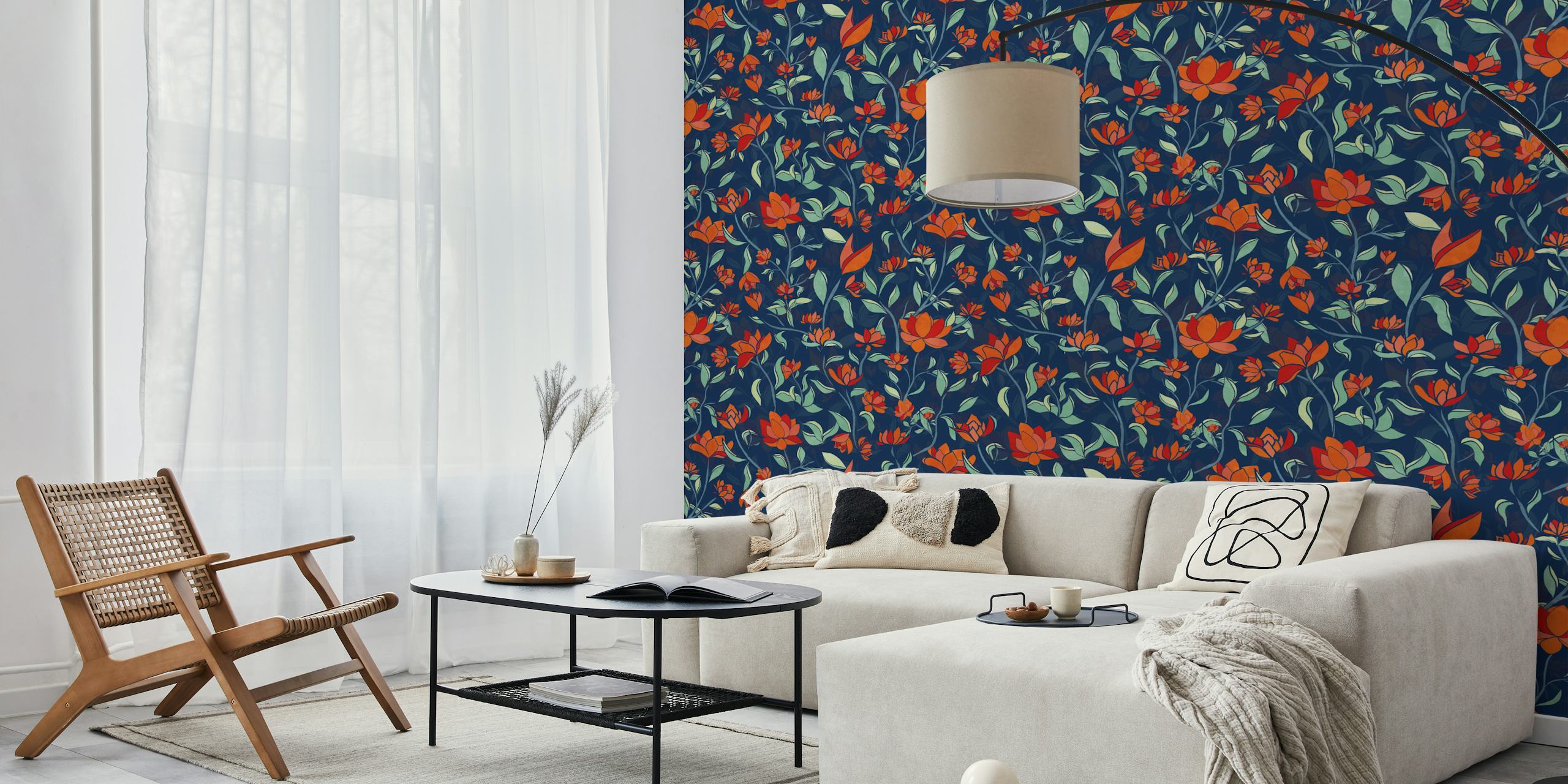 Red and blue floral garden design with leaves wallpaper