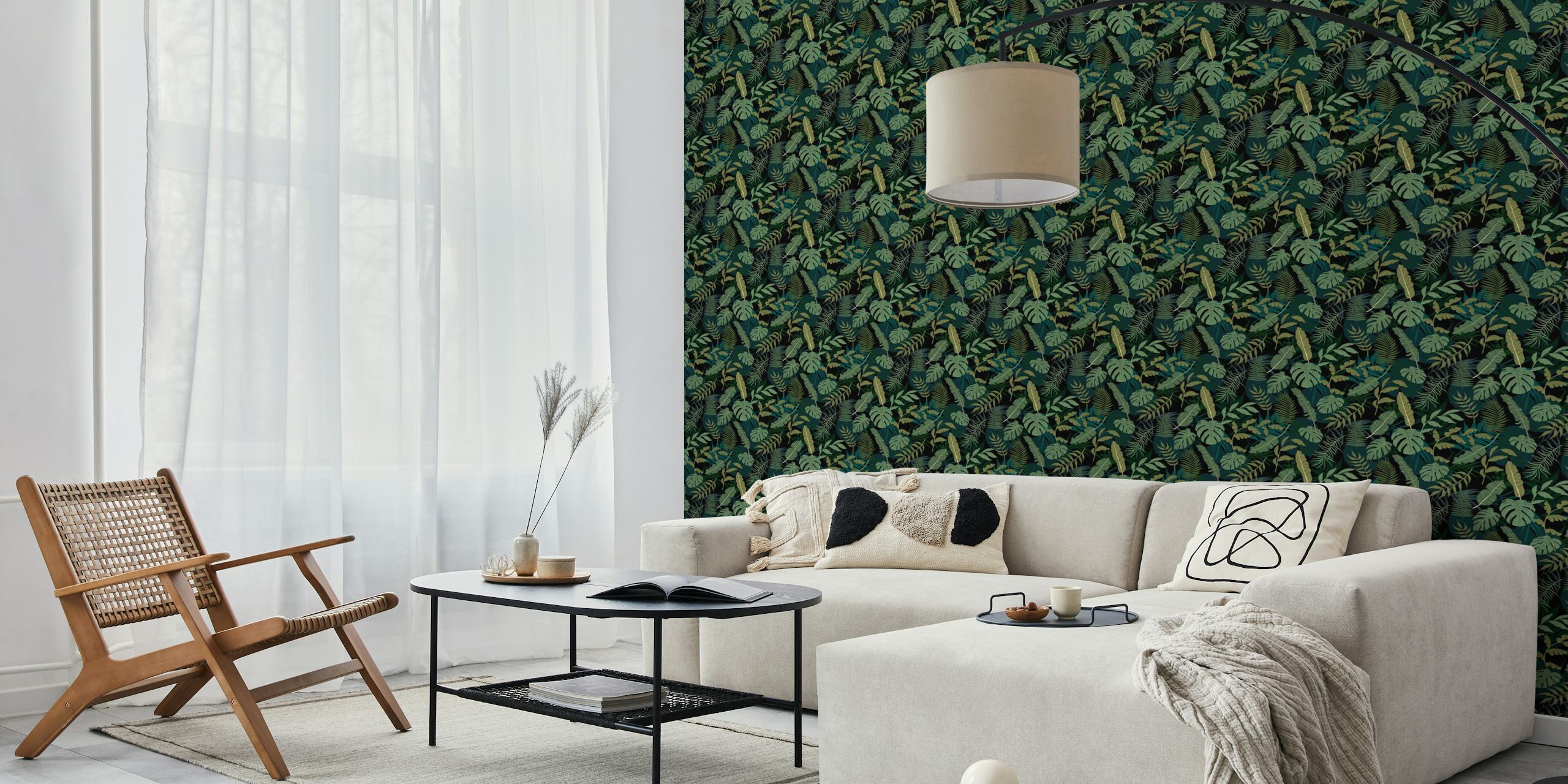 Monstera and palm leaves wallpaper in a room