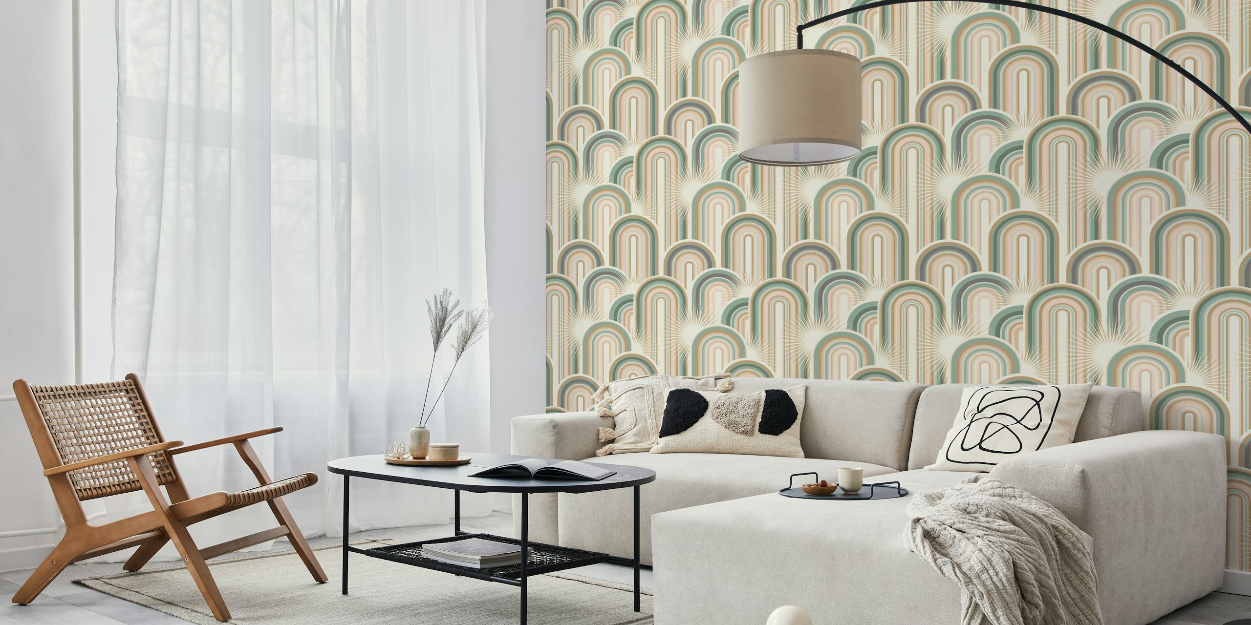 Stylized rainbow cactus pattern wall mural in teal, camel, and pink