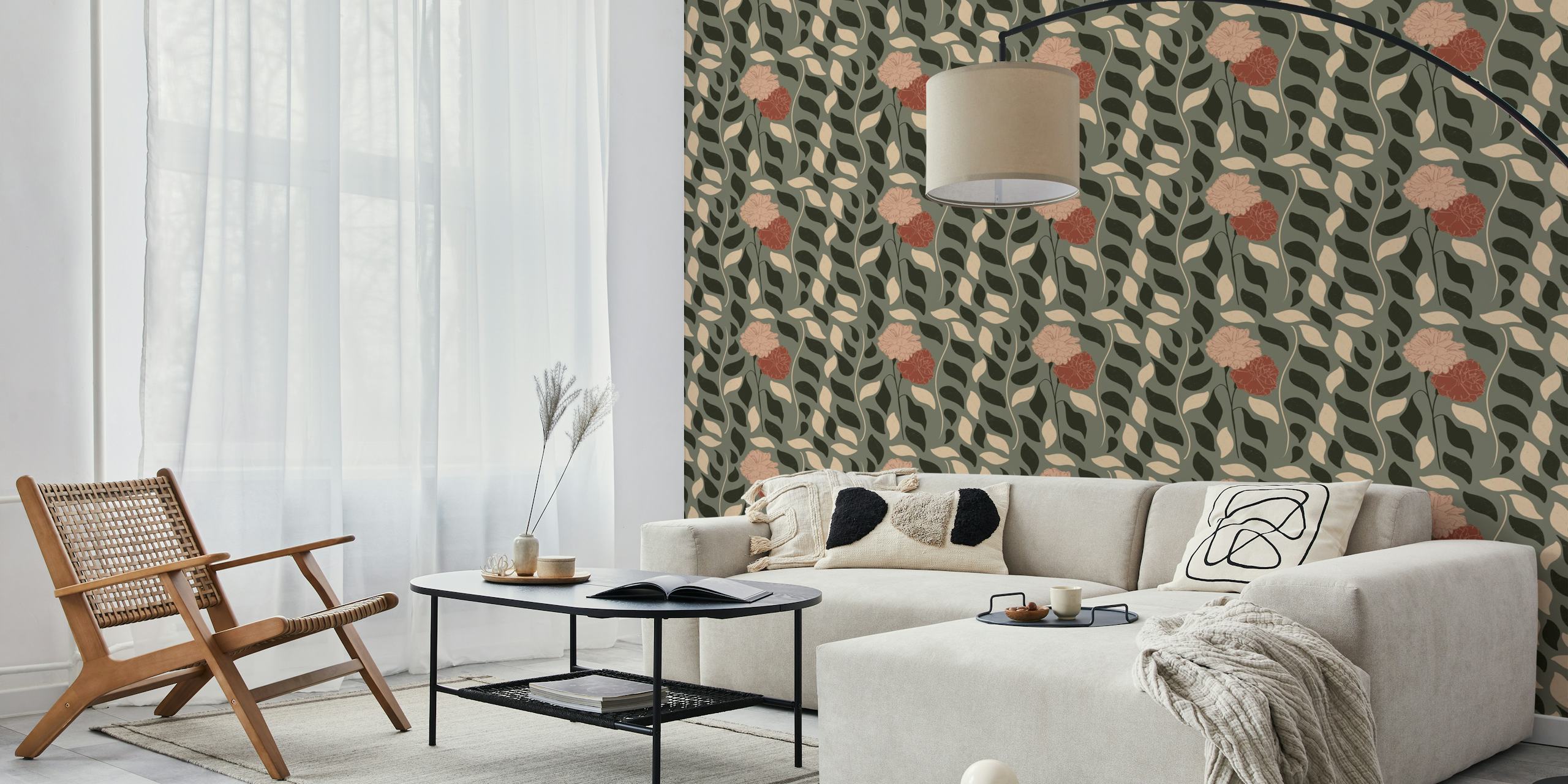 Botanical floral pattern with leaves and flowers in earthy colors wallpaper