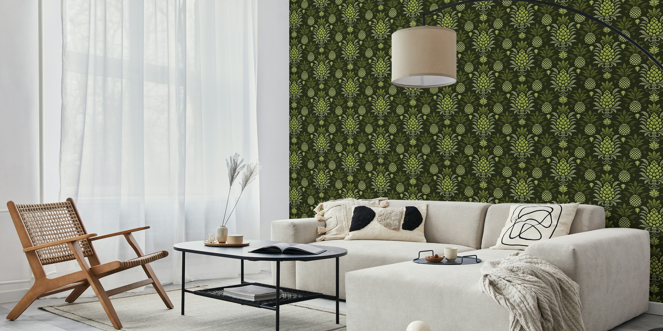 Vihreä Modern Monochrome Pineapple Chic Green -kuvio tapetti huoneessa