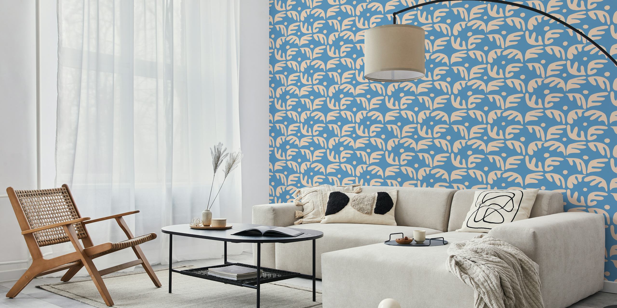 Palms in baby blue wallpaper in a room