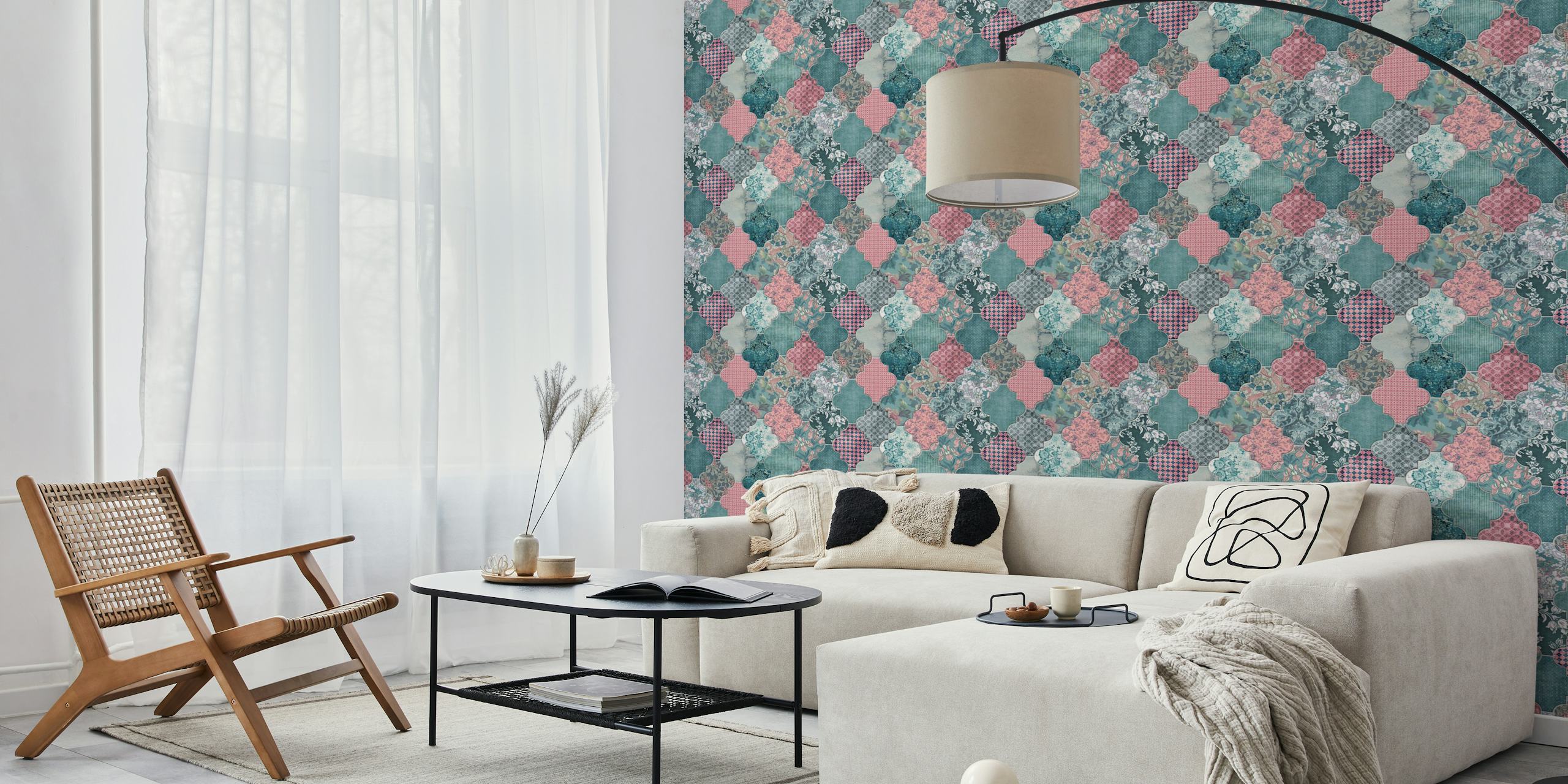 Tapeta Moroccan Tiles Teal Pink v místnosti