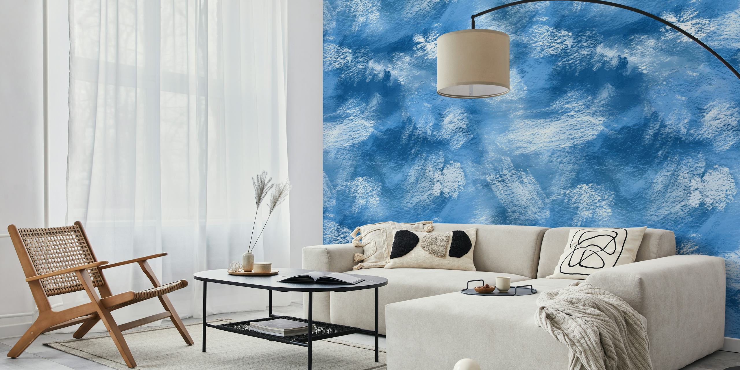 Blue painterly wallpaper displayed in a room
