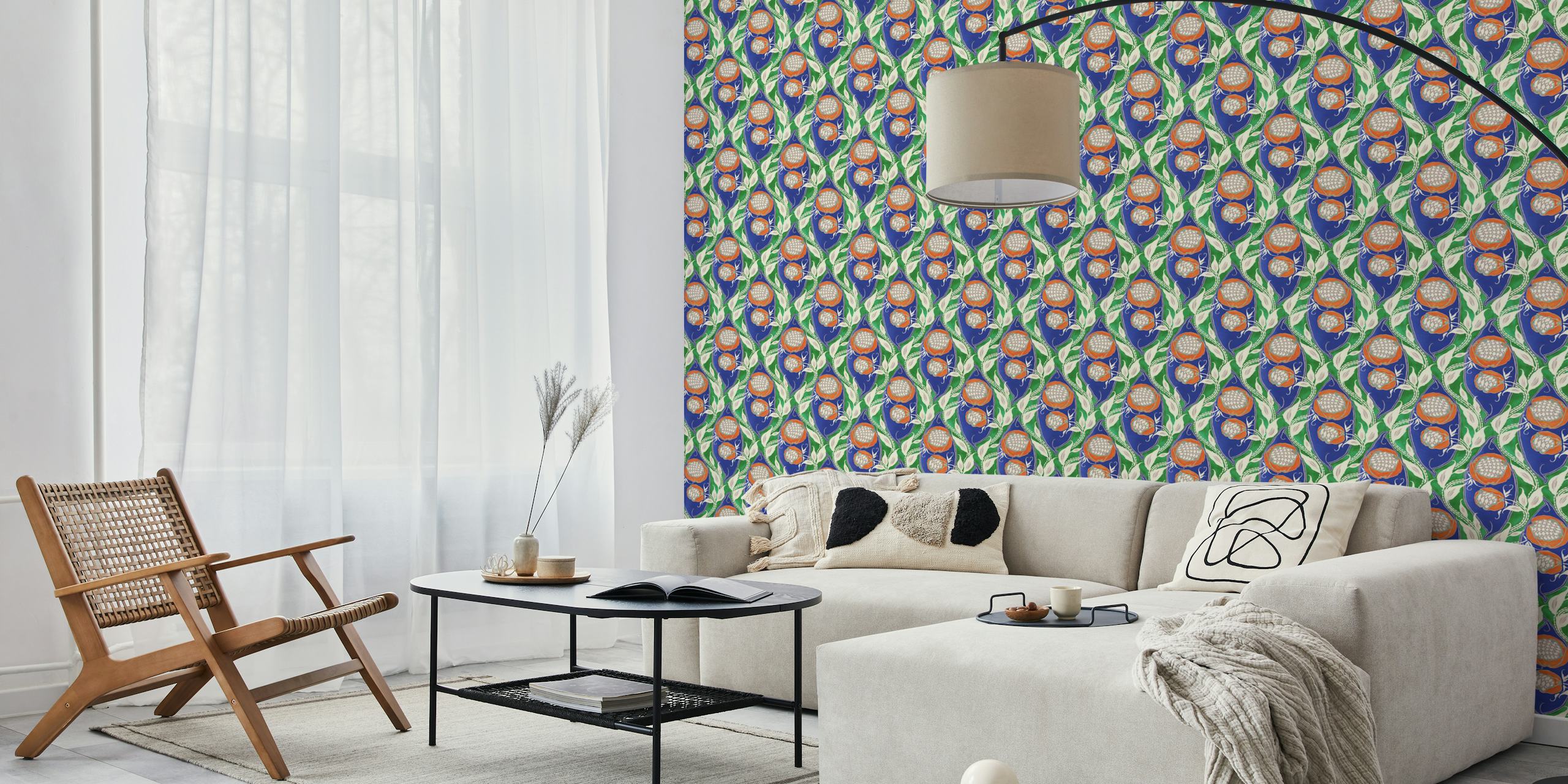 Artistic Samarkande wall mural with cobalt blue, jade green, and orange motifs