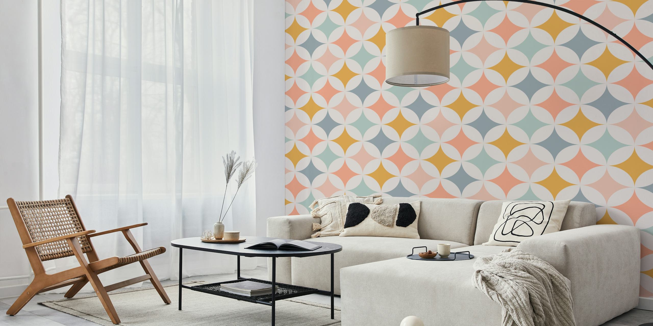 Mid century retro shapes wallpaper in a room
