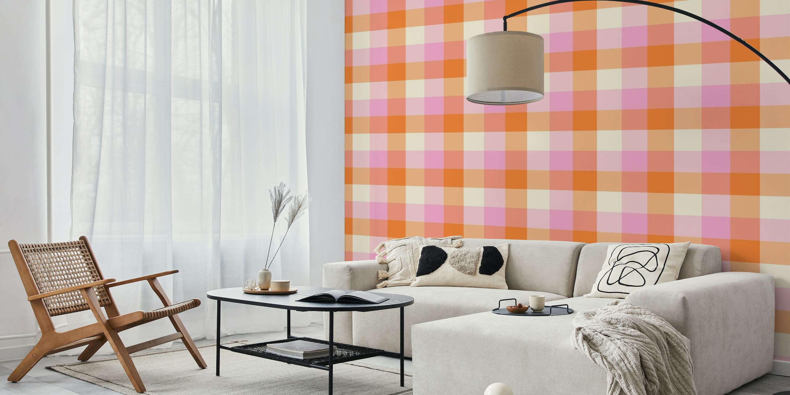 Pastel pink and orange gingham wallpaper