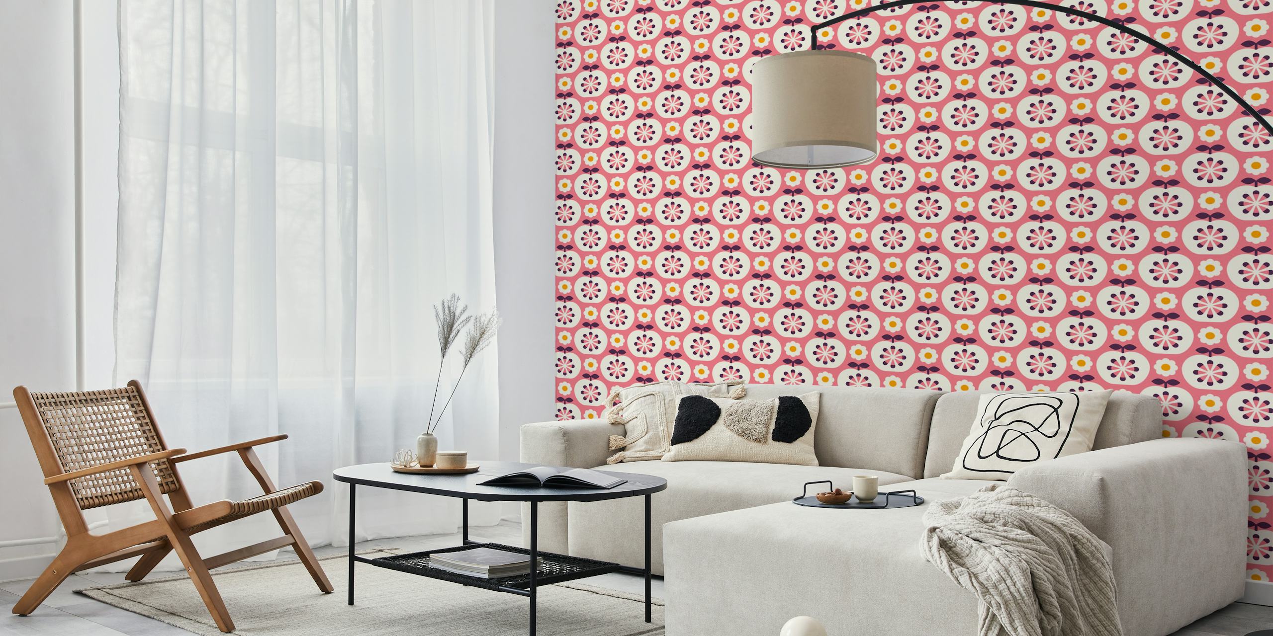 Retro pink wallpaper featuring stylized apples and flowers