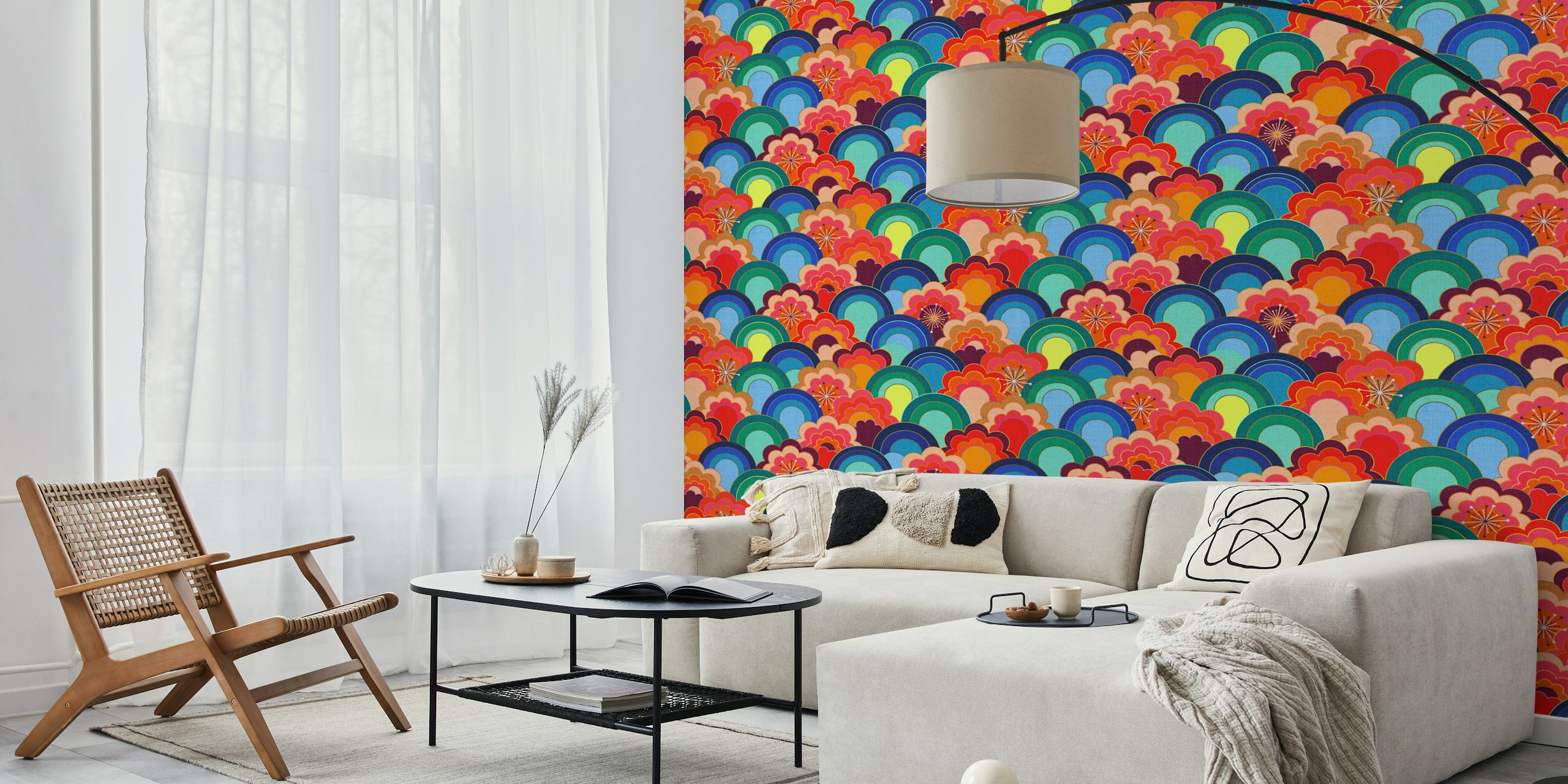 Colorful 70s flower wallpaper in a room setting