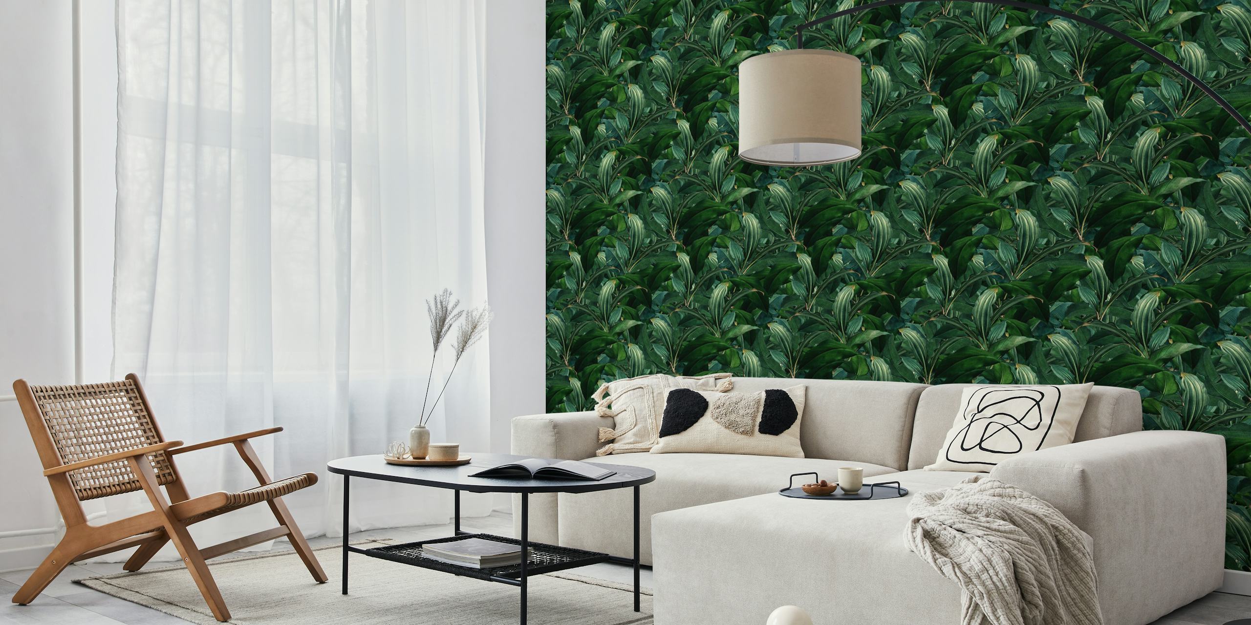 Palm leaves jungle wallpaper in a room