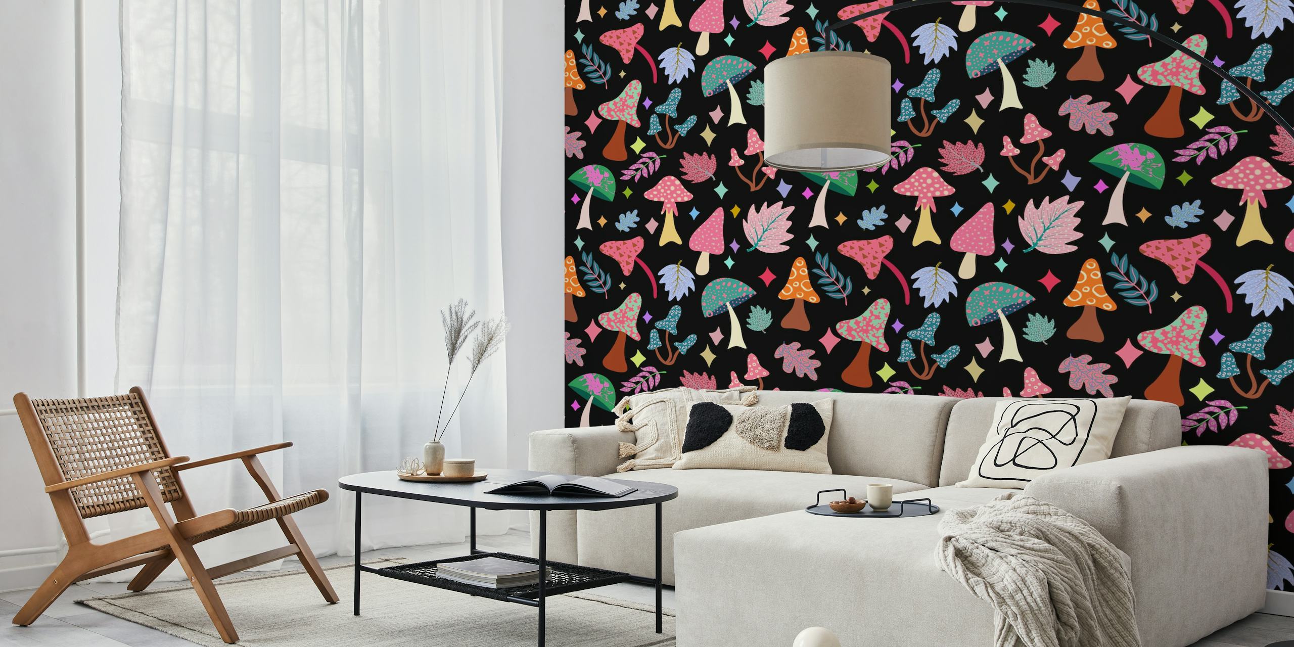 Cute mushroom art wallpaper in a room