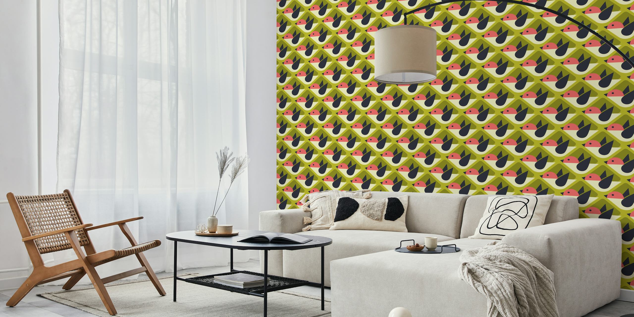 Geometric pattern featuring retro birds in green and pink wallpaper