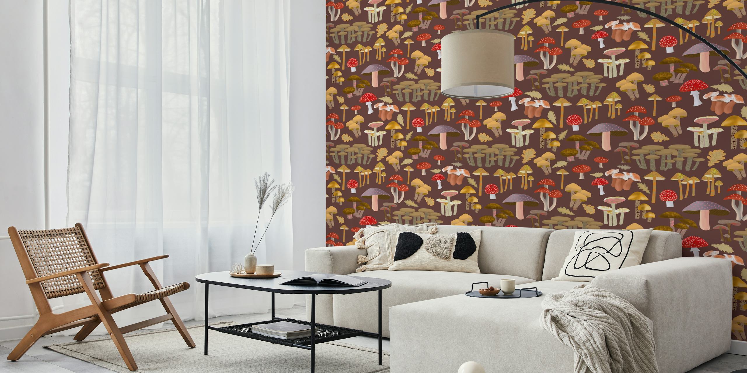 Colorful mushrooms with earthy tones on a dark background wallpaper