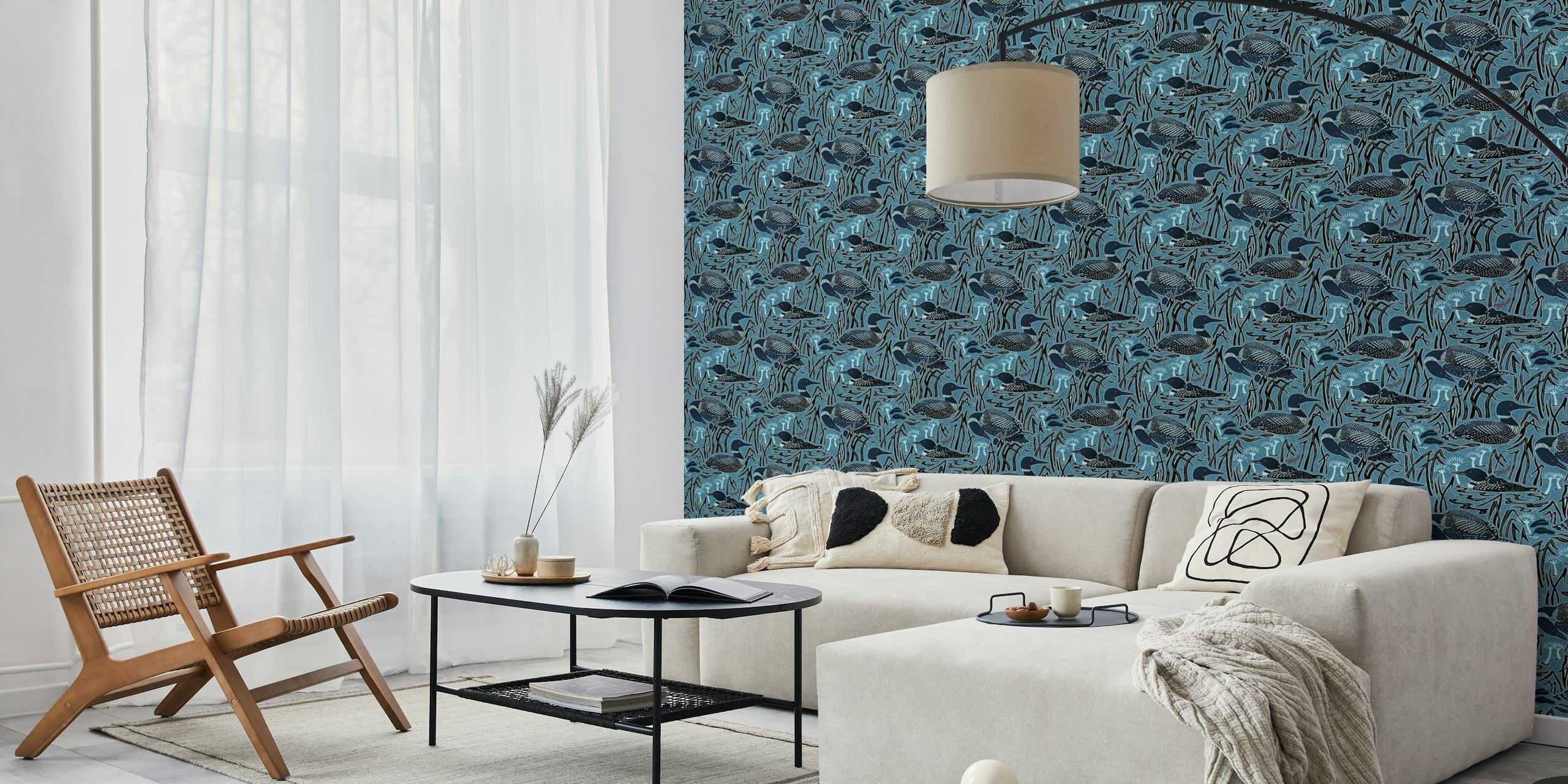 Blue loon wallpaper with lake, reeds, and water lilies