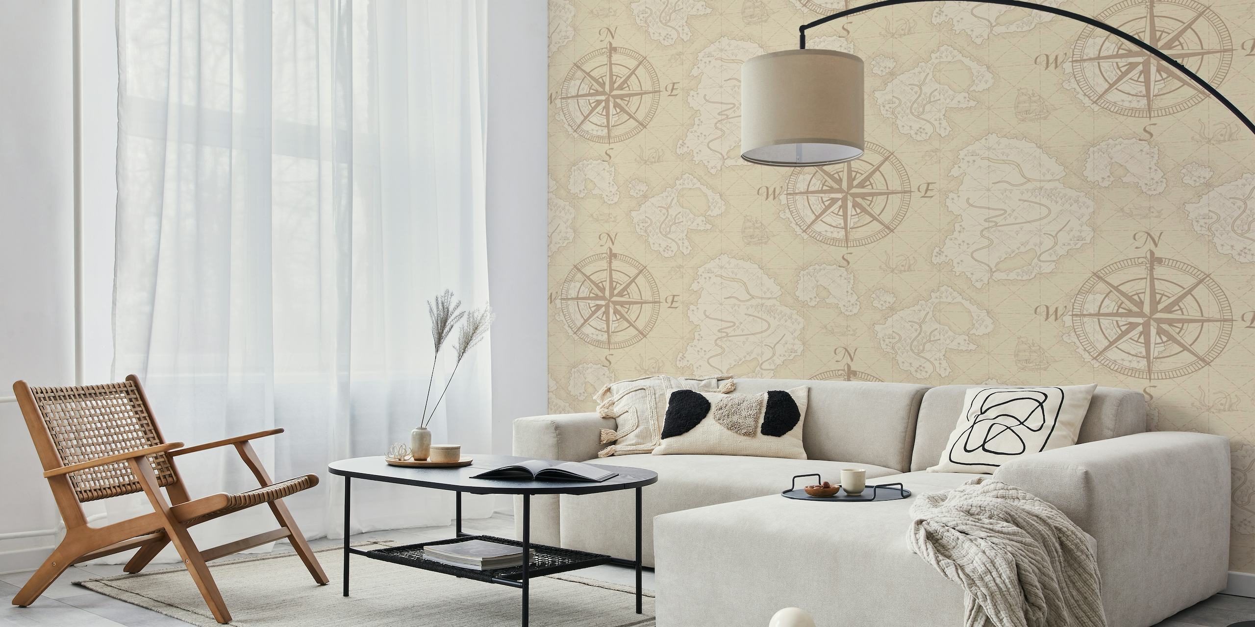 Vintage-inspired wall mural featuring light compass motifs and map symbols on a parchment-like background.