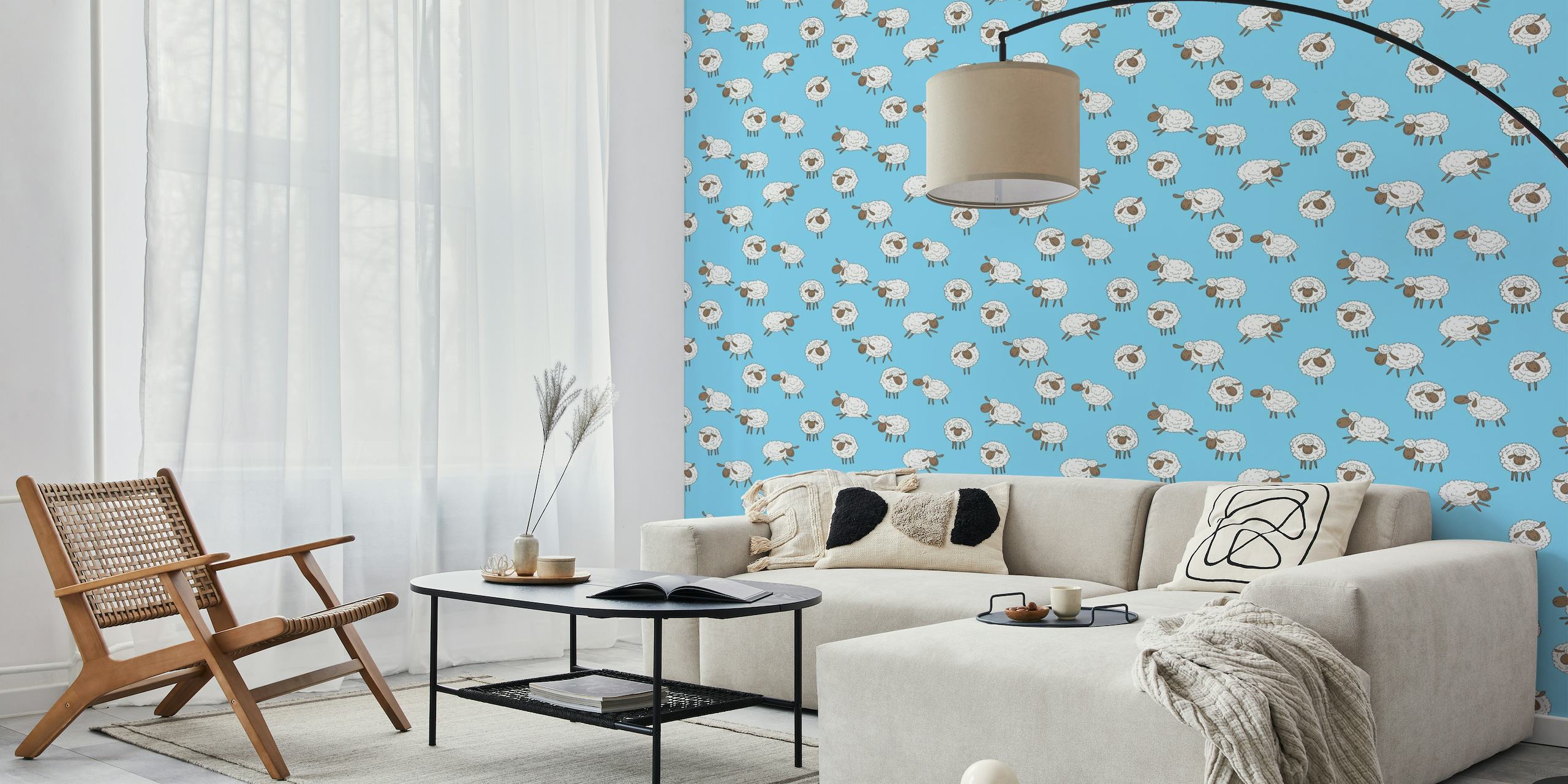 Counting sheep on baby blue wallpaper