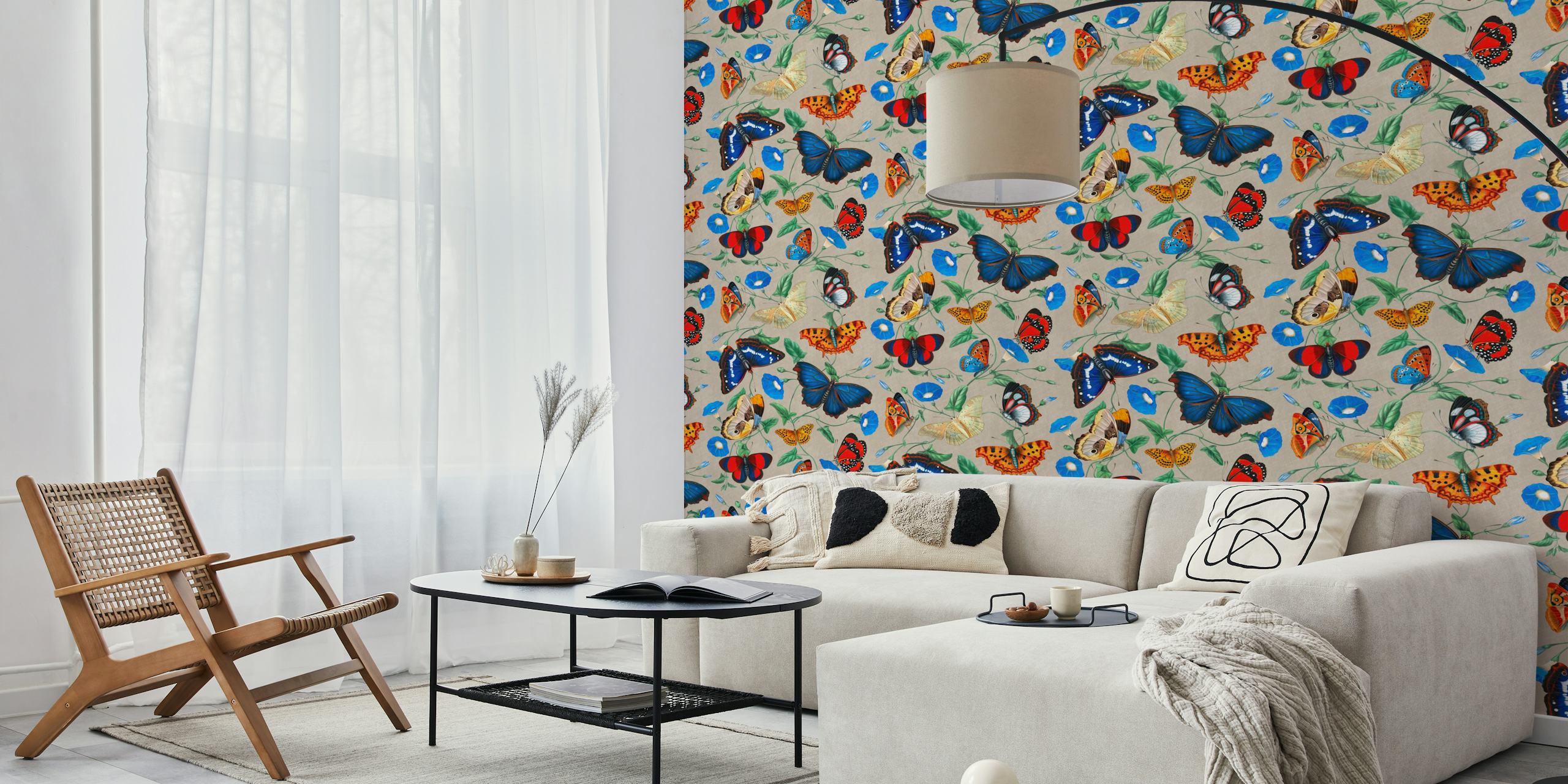 Butterfly wall mural featuring morning glory flowers in greige tones