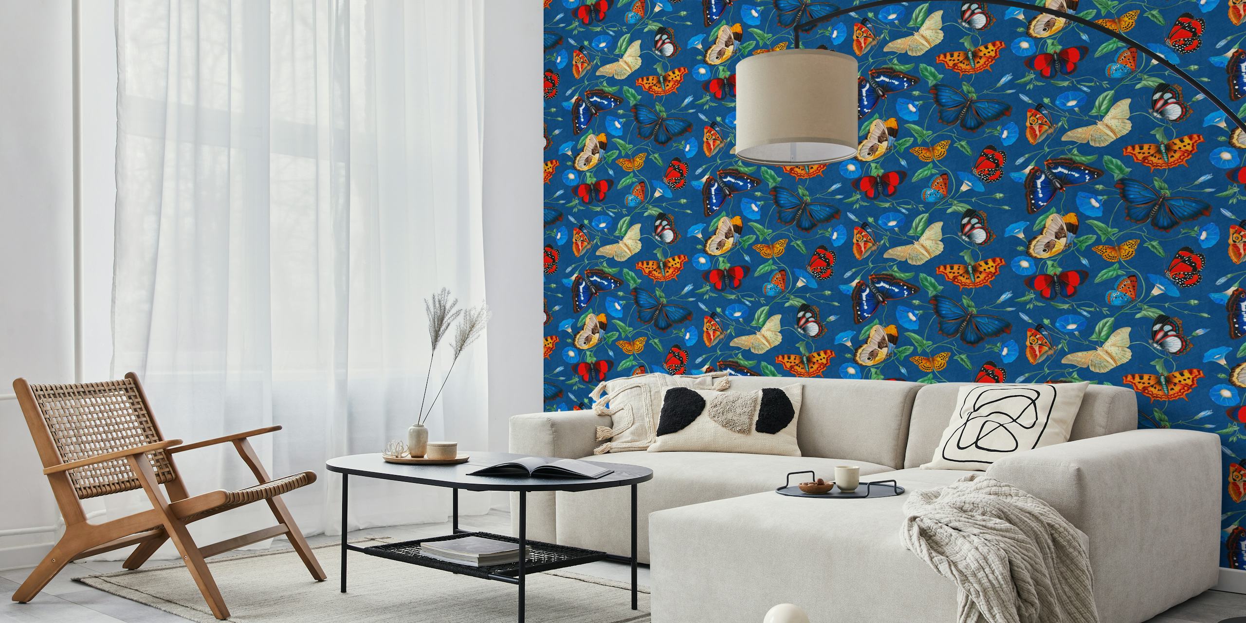 Wall mural with morning glory flowers and butterflies on a cobalt blue background