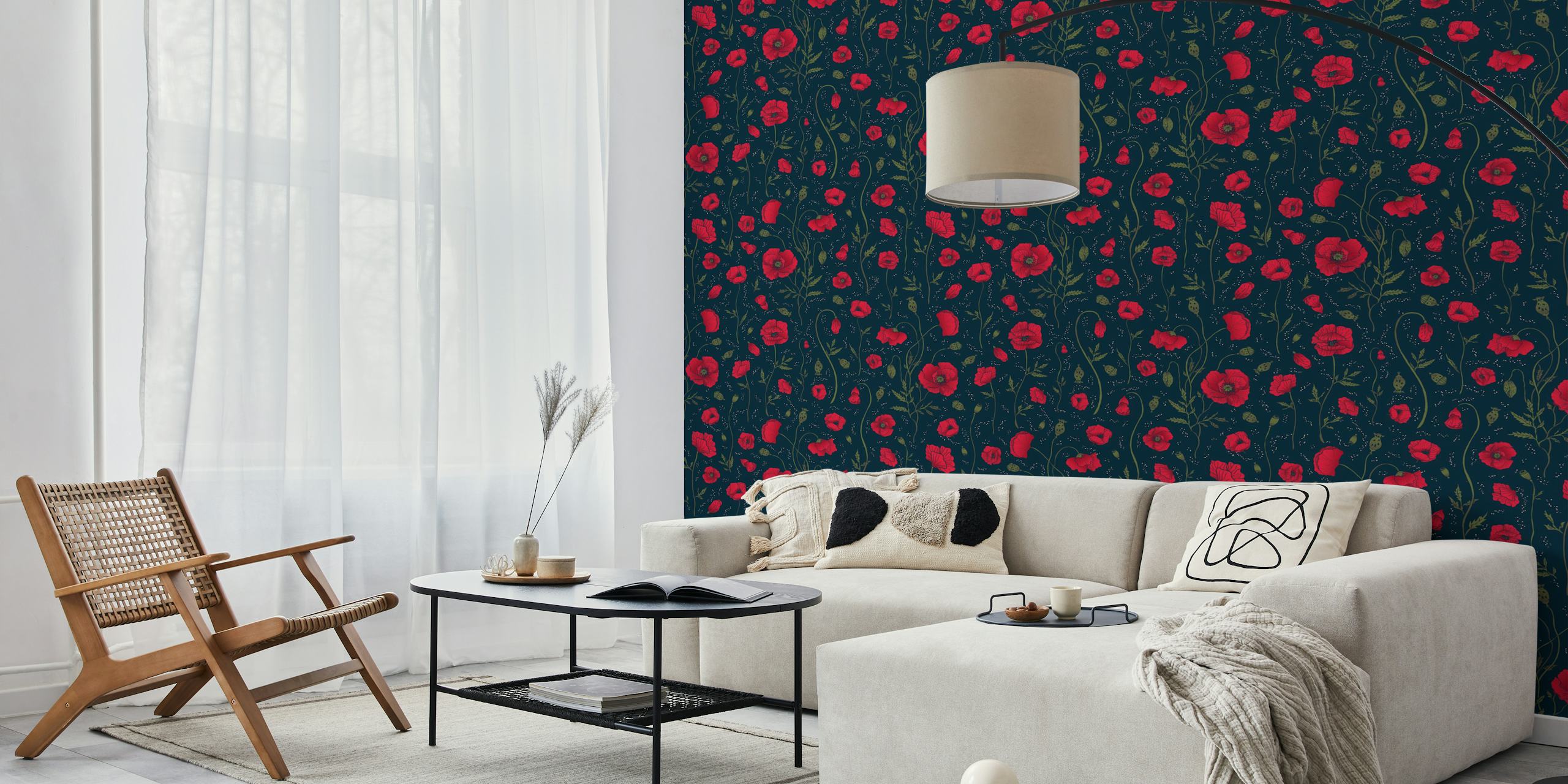 Poppies Garden Navy wallpaper in a room