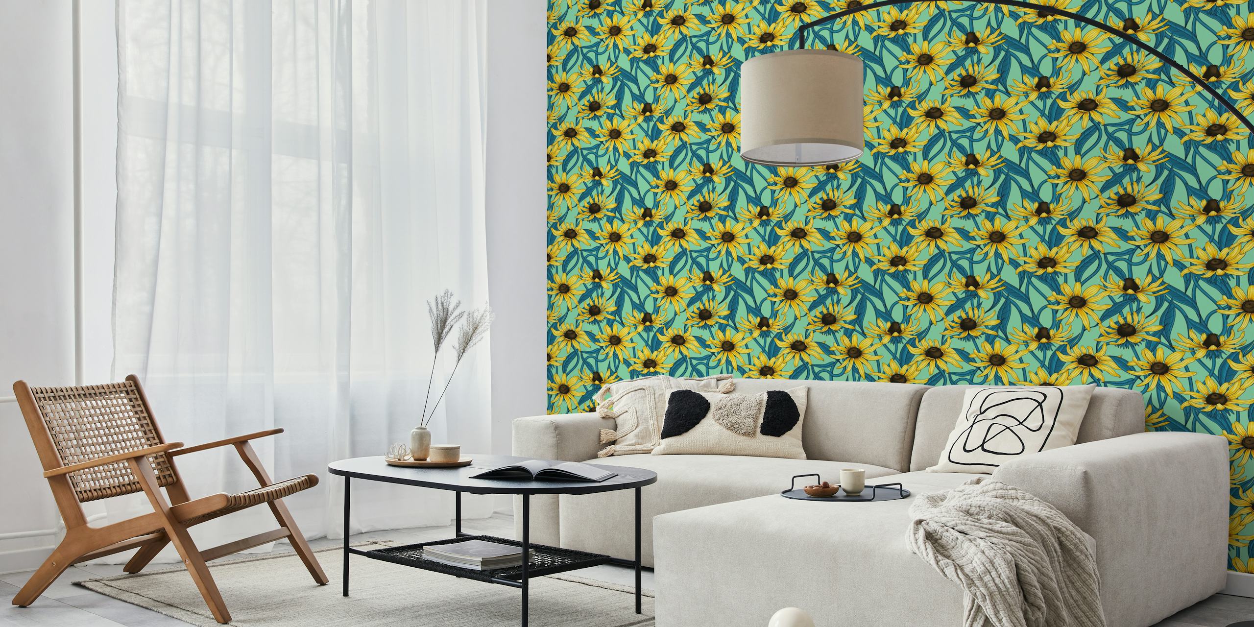 Yellow rudbeckia flowers on a jade green background wall mural