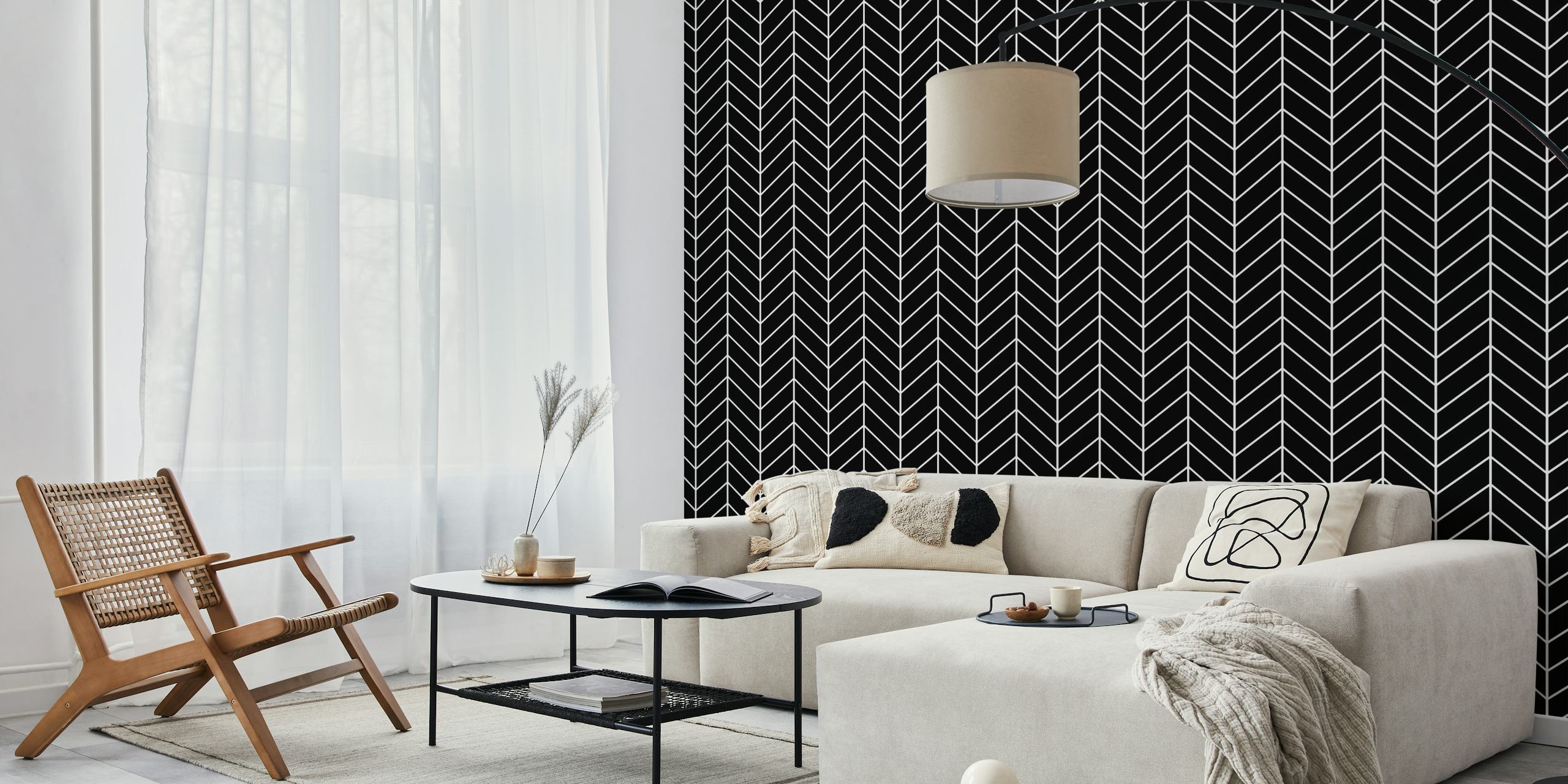 Chevron Pattern - White on Black em um quarto