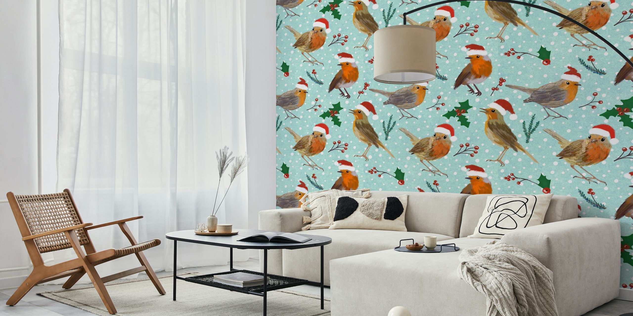 Robin birds in Santa hats winter wall mural with snowflakes and holly leaves