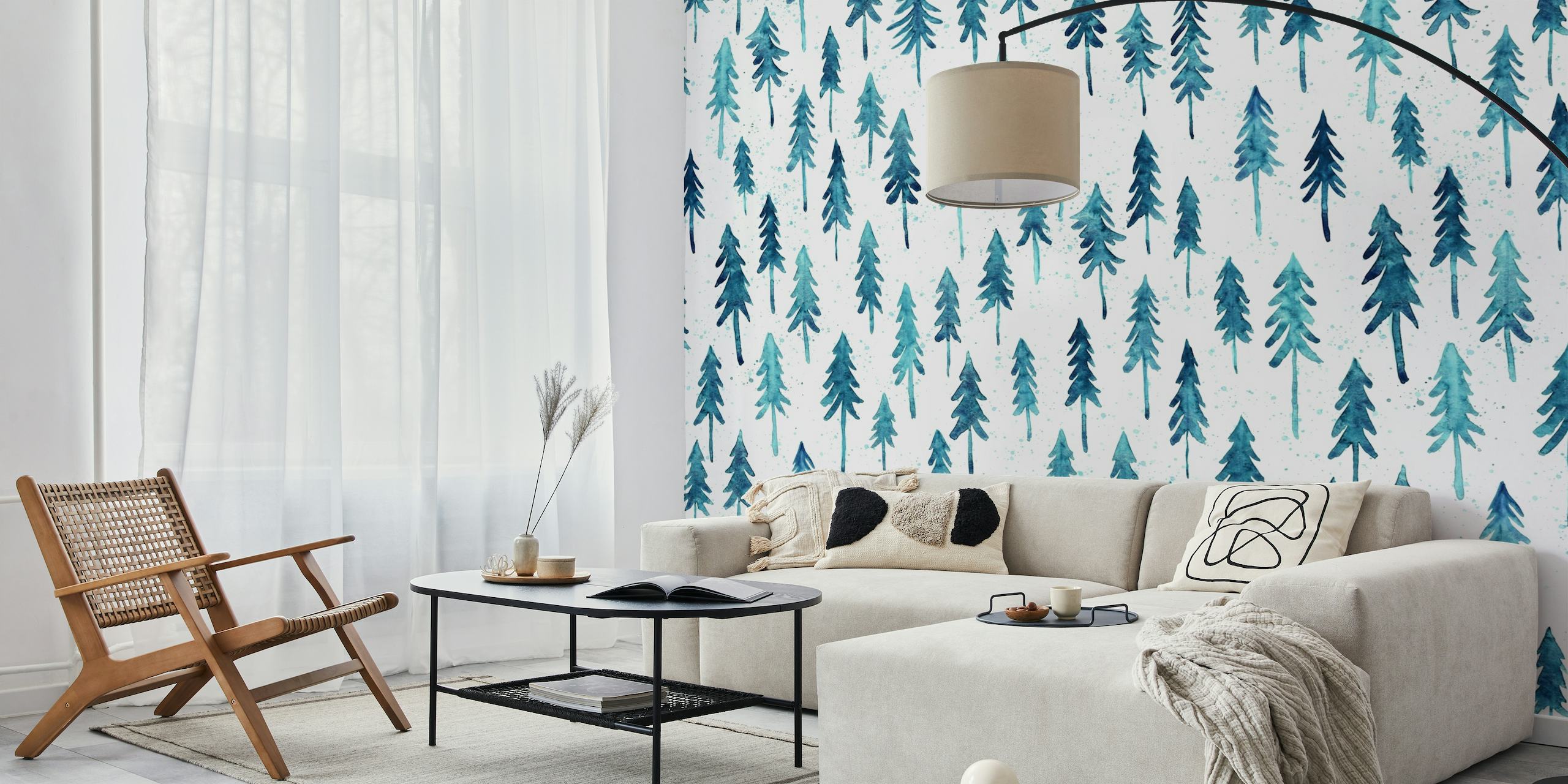 Watercolor blue pine trees wall mural with a pattern of hand-painted style evergreens