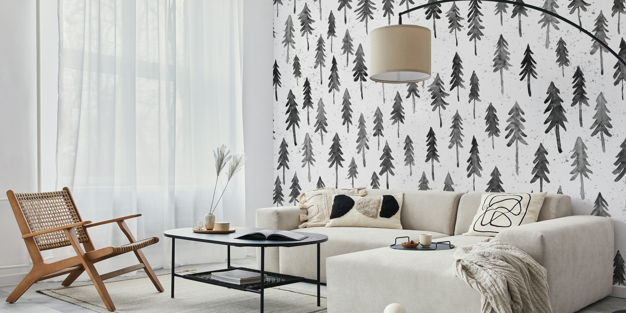 Watercolor Pine Trees Black and White wallpaper