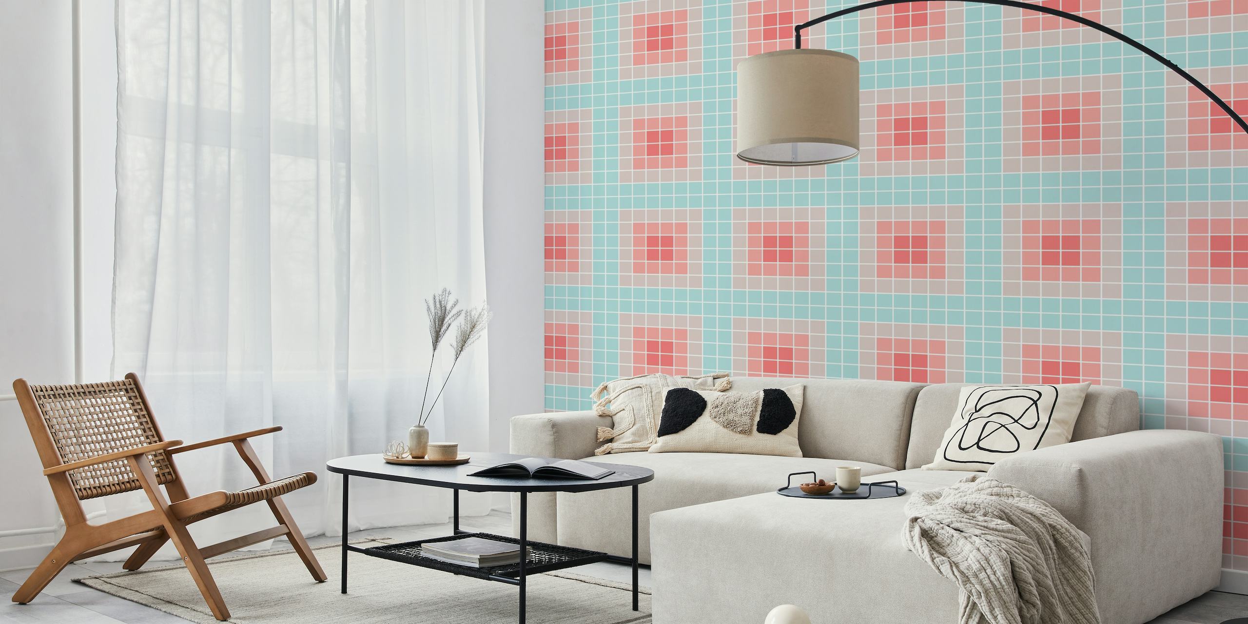 Retro-inspired '70s Gradient Squares 1' wall mural featuring a pattern of coral and aqua squares.