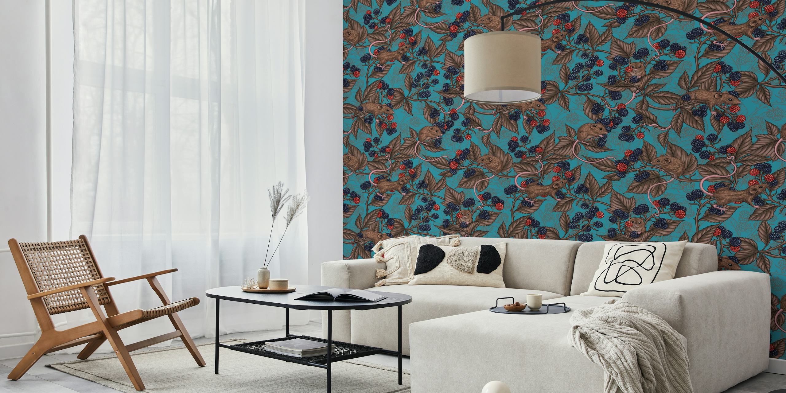 Mice and blackberries on lagoon blue wallpaper
