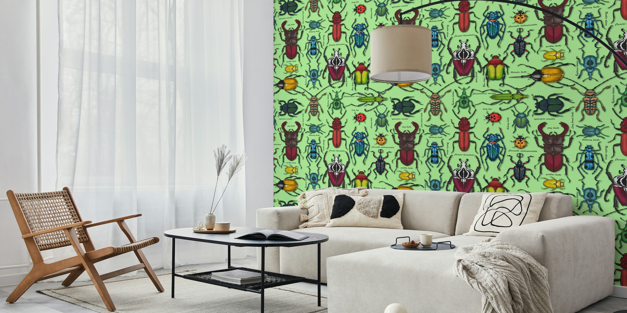 Beetles on light green wallpaper in a room