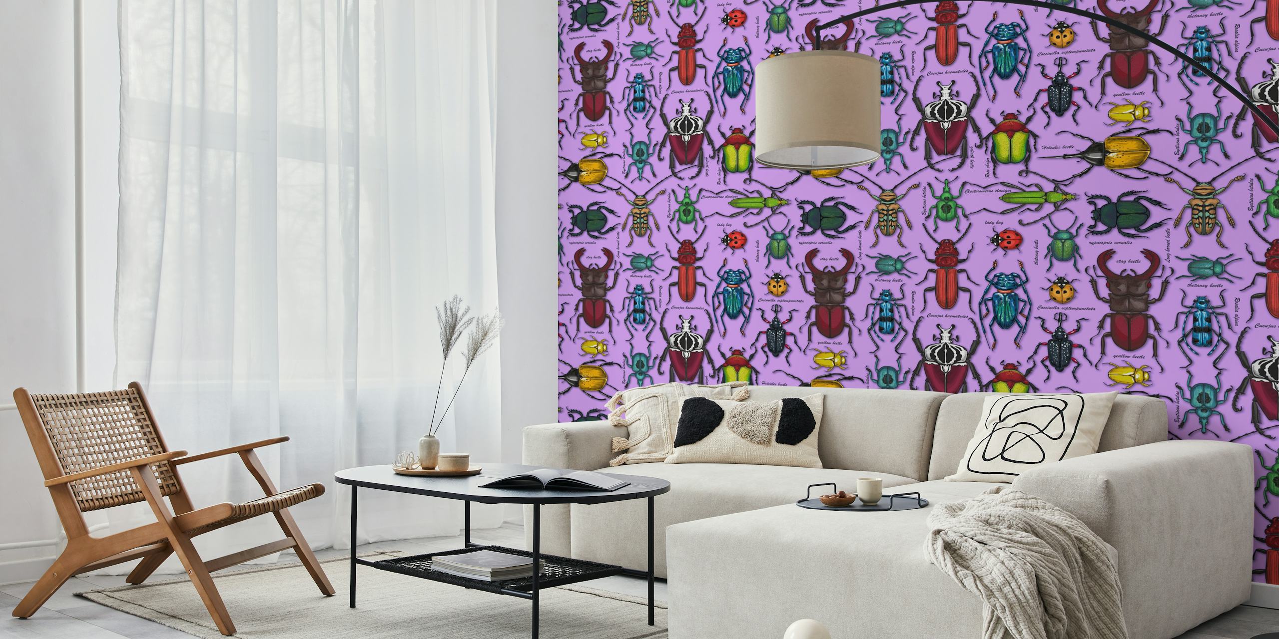 Colorful beetles illustrated on a lilac-colored background wall mural