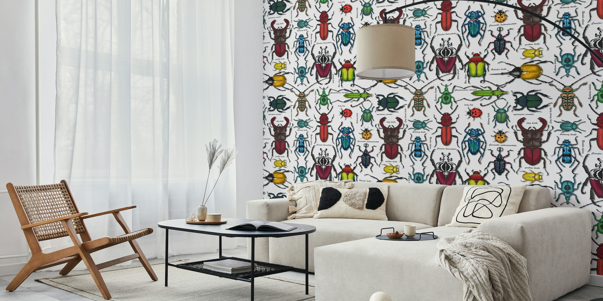 Beetles on white wallpaper