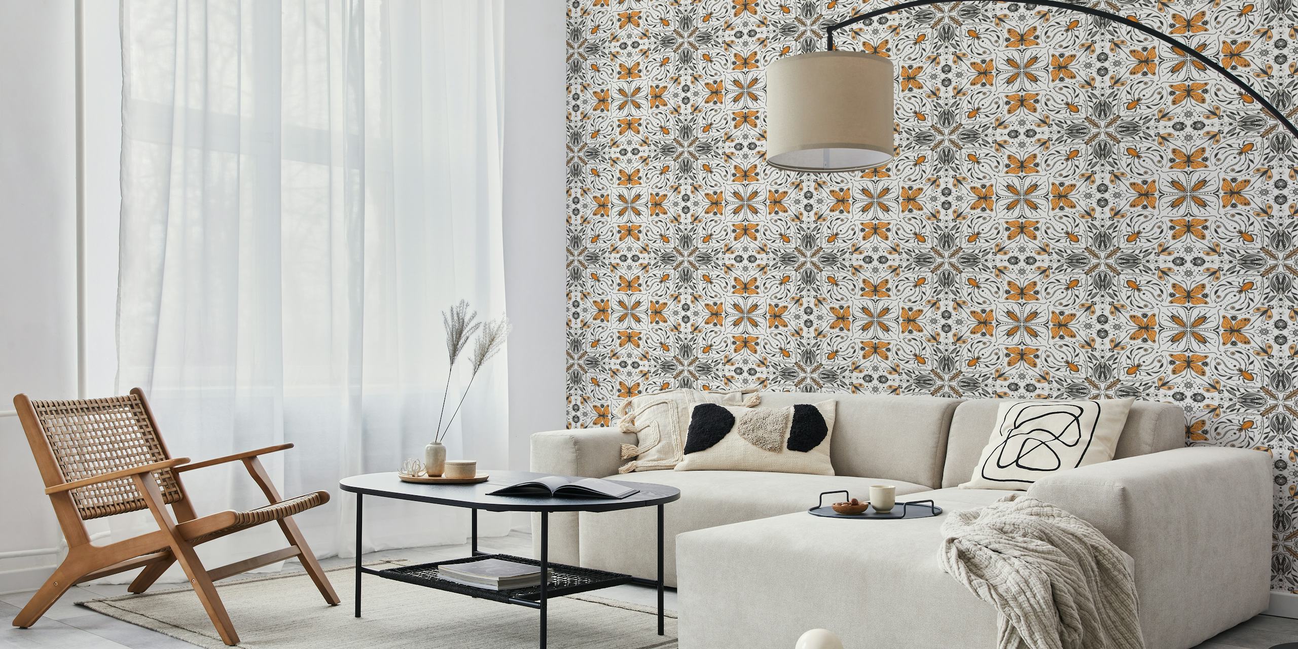 Bugs and insects in black, orange, and off-white pattern wallpaper