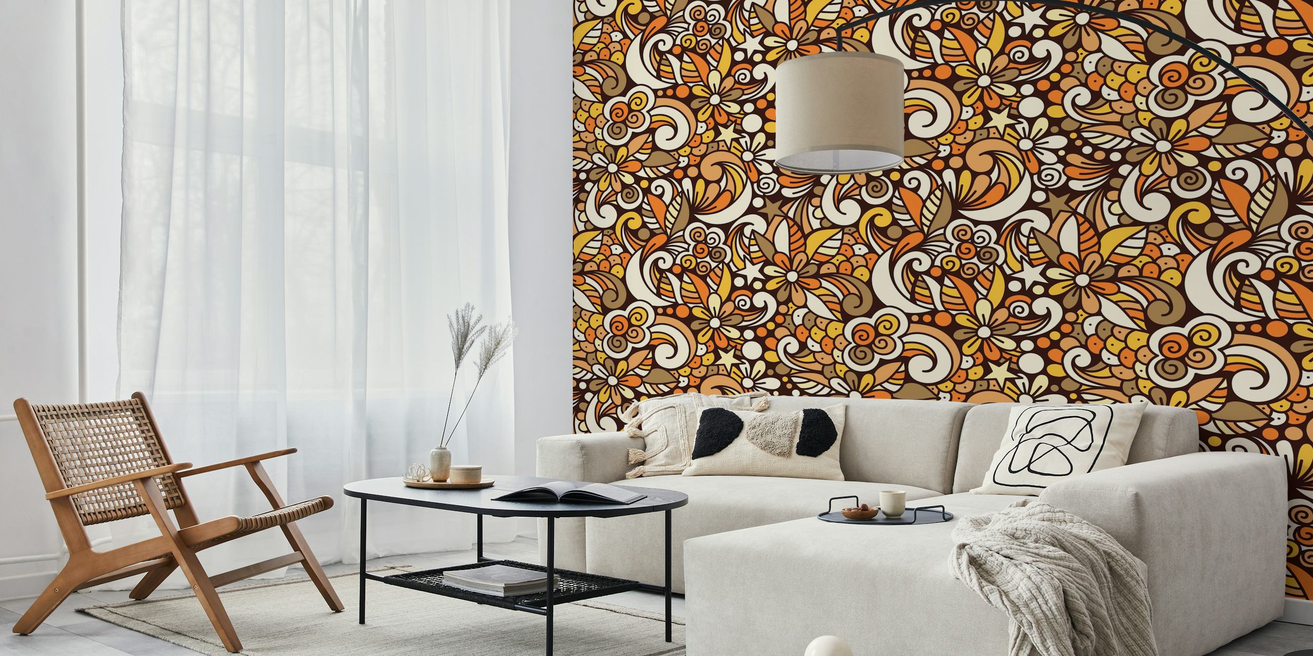 Retro floral pattern in yellow and brown colors wallpaper