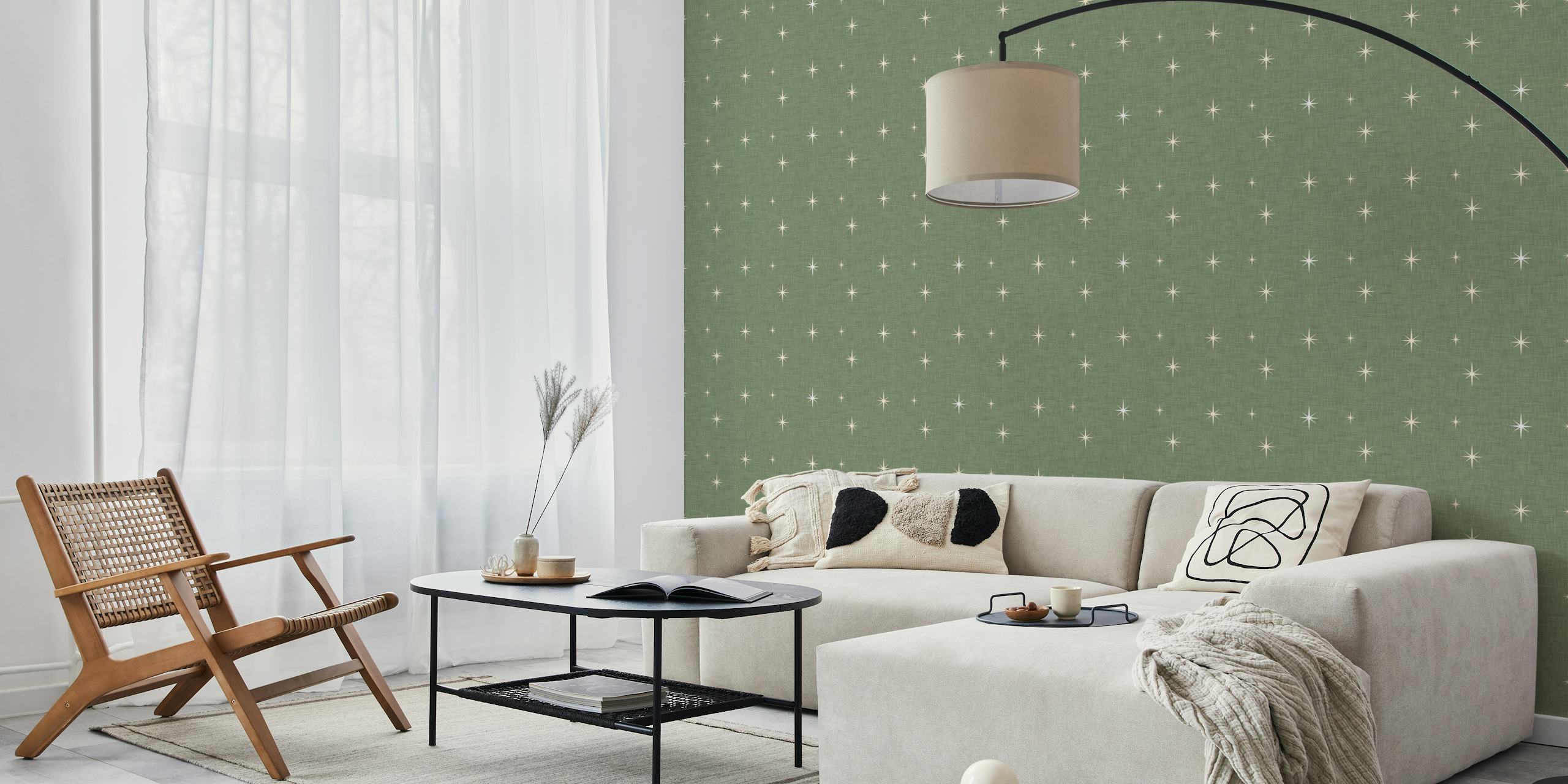 Mid Century Starburst Dark Sage wallpaper, light stars on green fabric