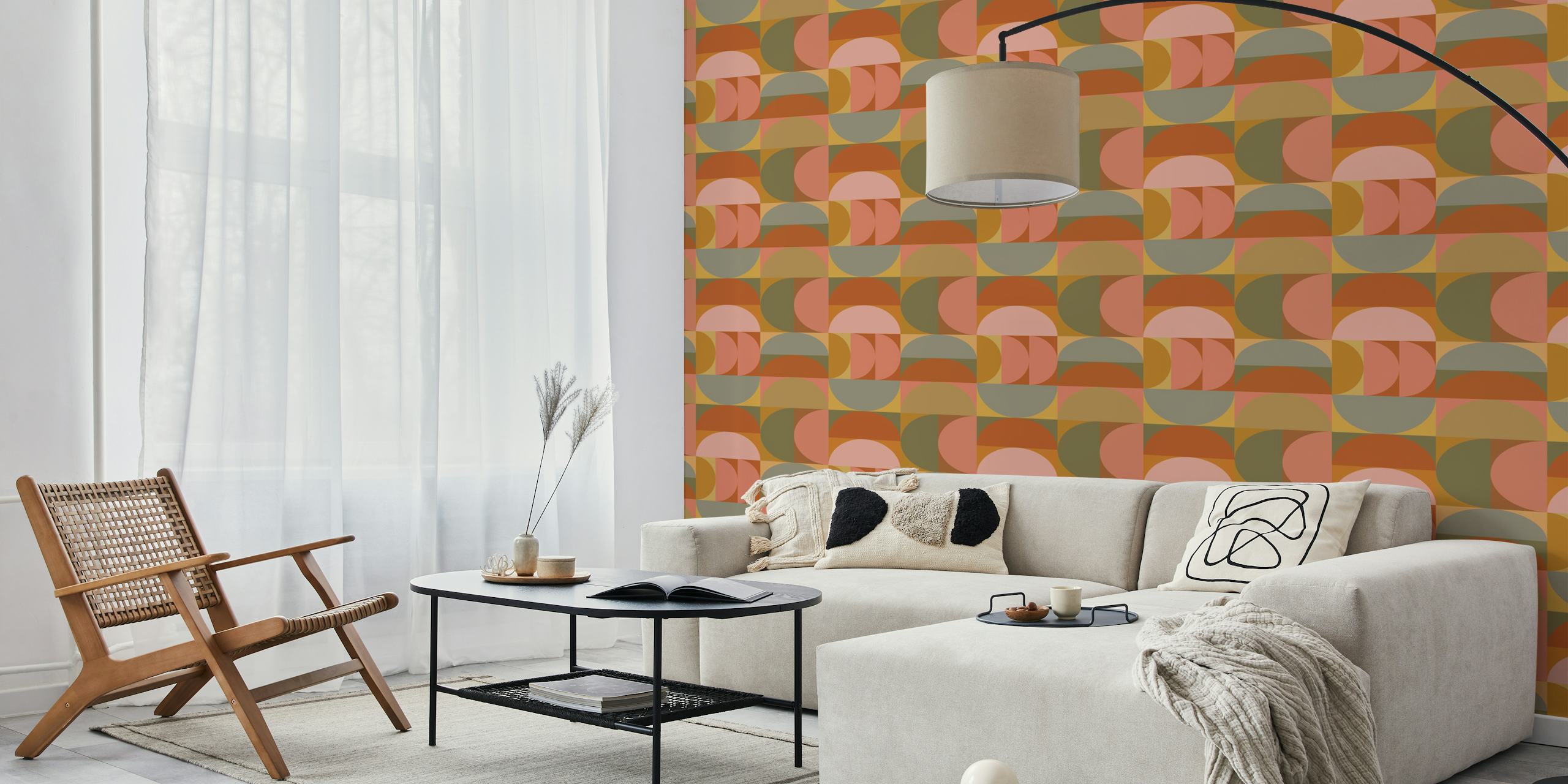 Geometric patterns in earthy terracotta and ochre wallpaper