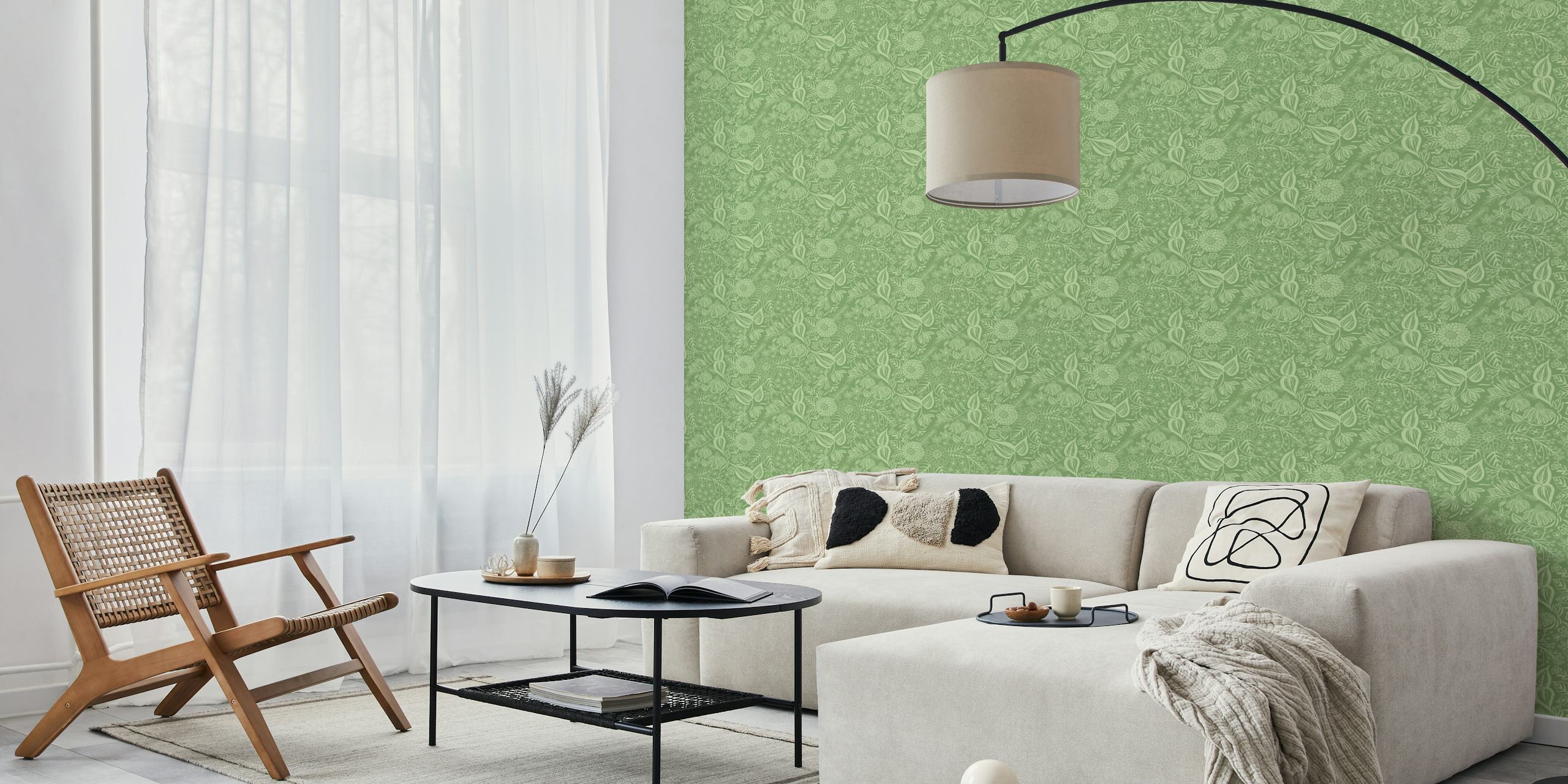 Soft green wall mural with a floral and bee garden pattern