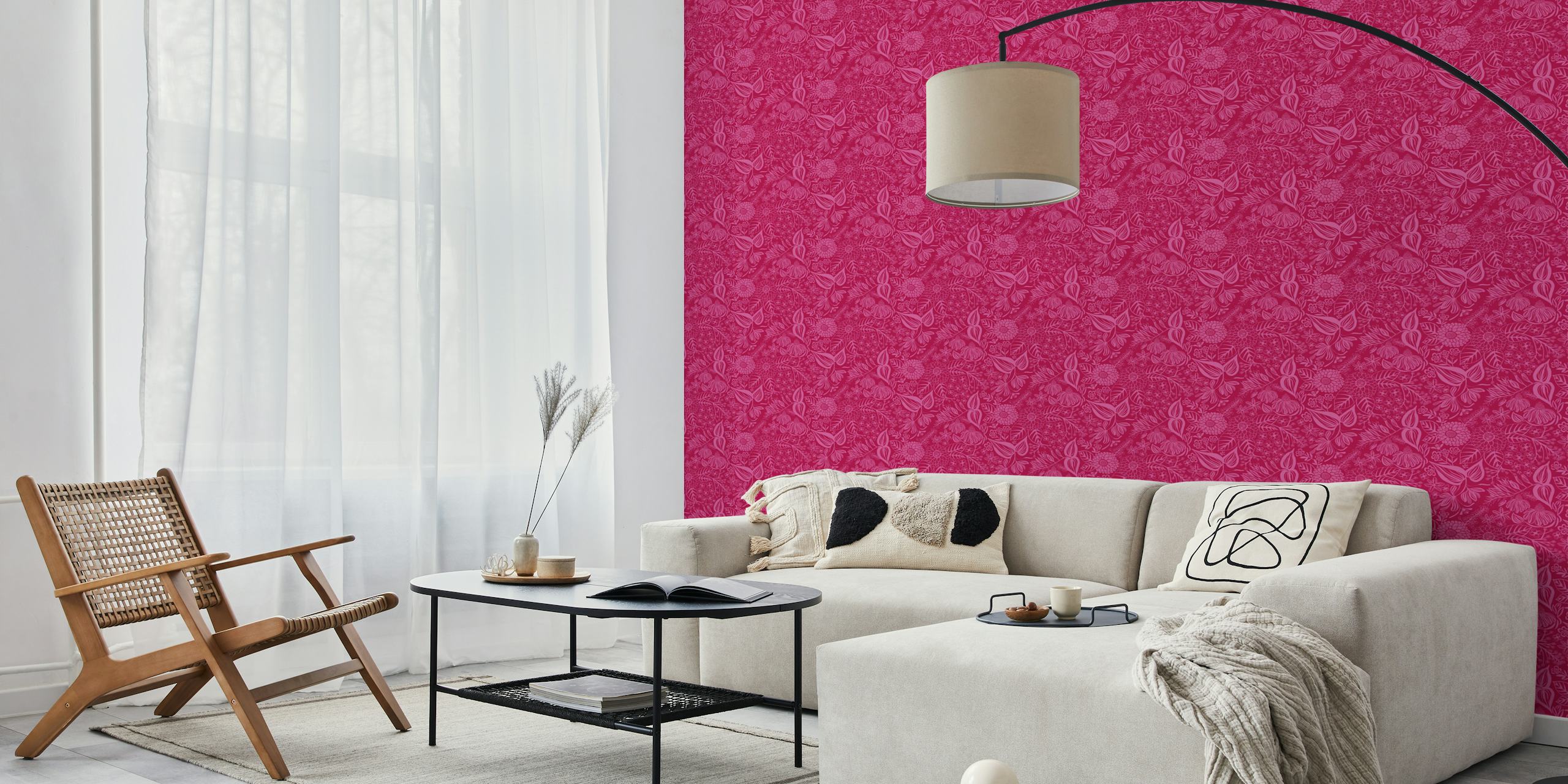 Floral patterns in cerise with pink flowers and leaves wallpaper