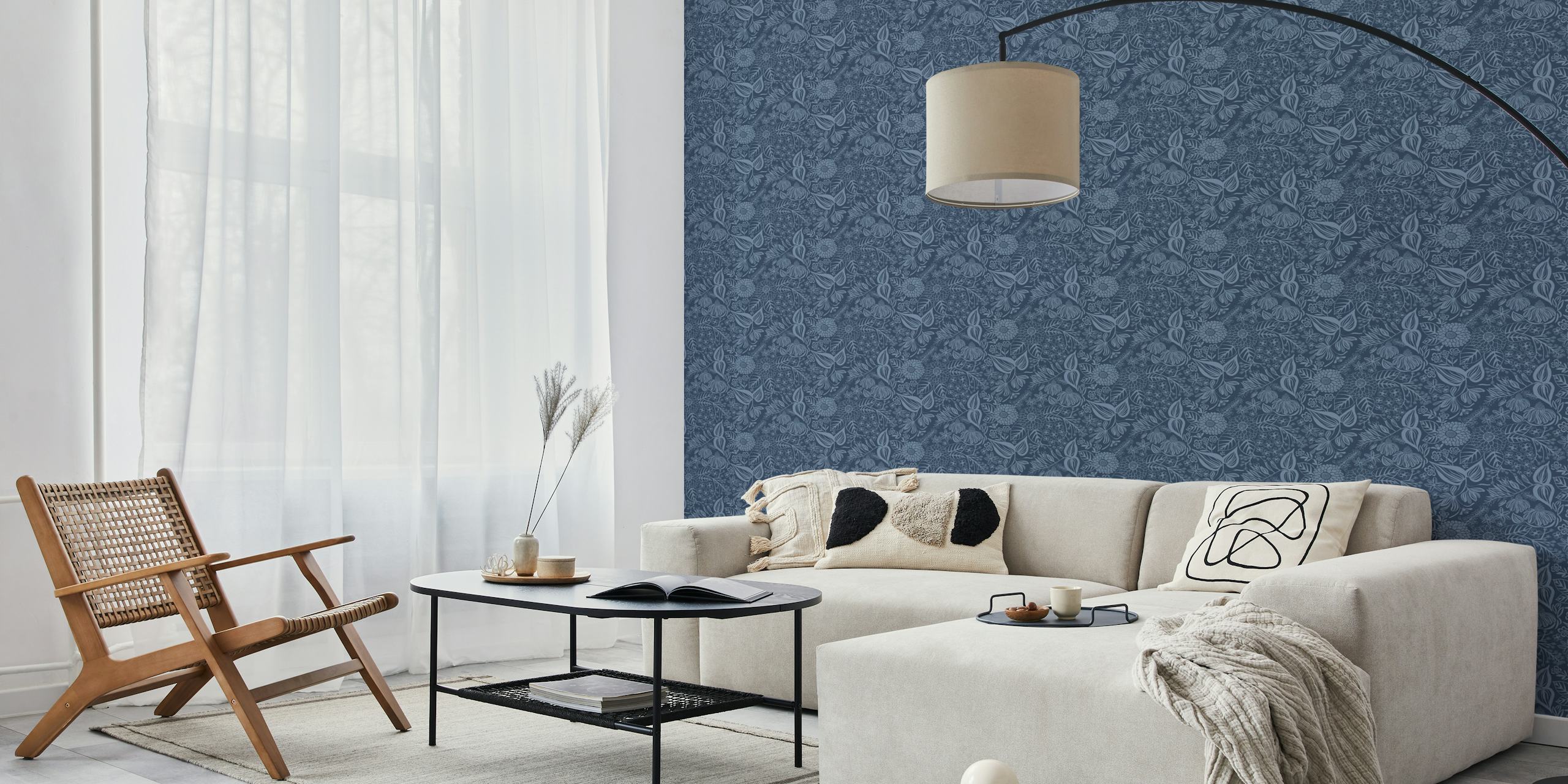 Denim blue floral and bee pattern wall mural for home decor.
