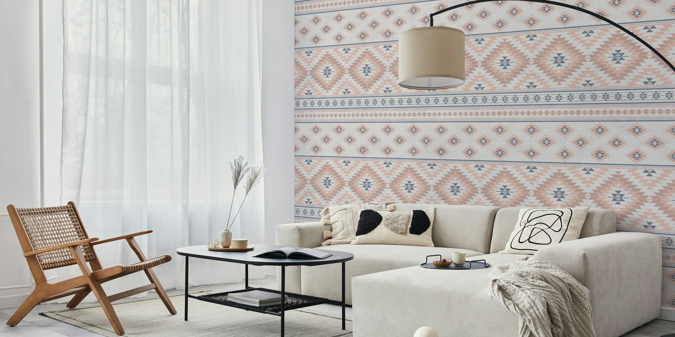 Mural de parede Kilim Stripes em Blush Pink Grey com padrões étnicos