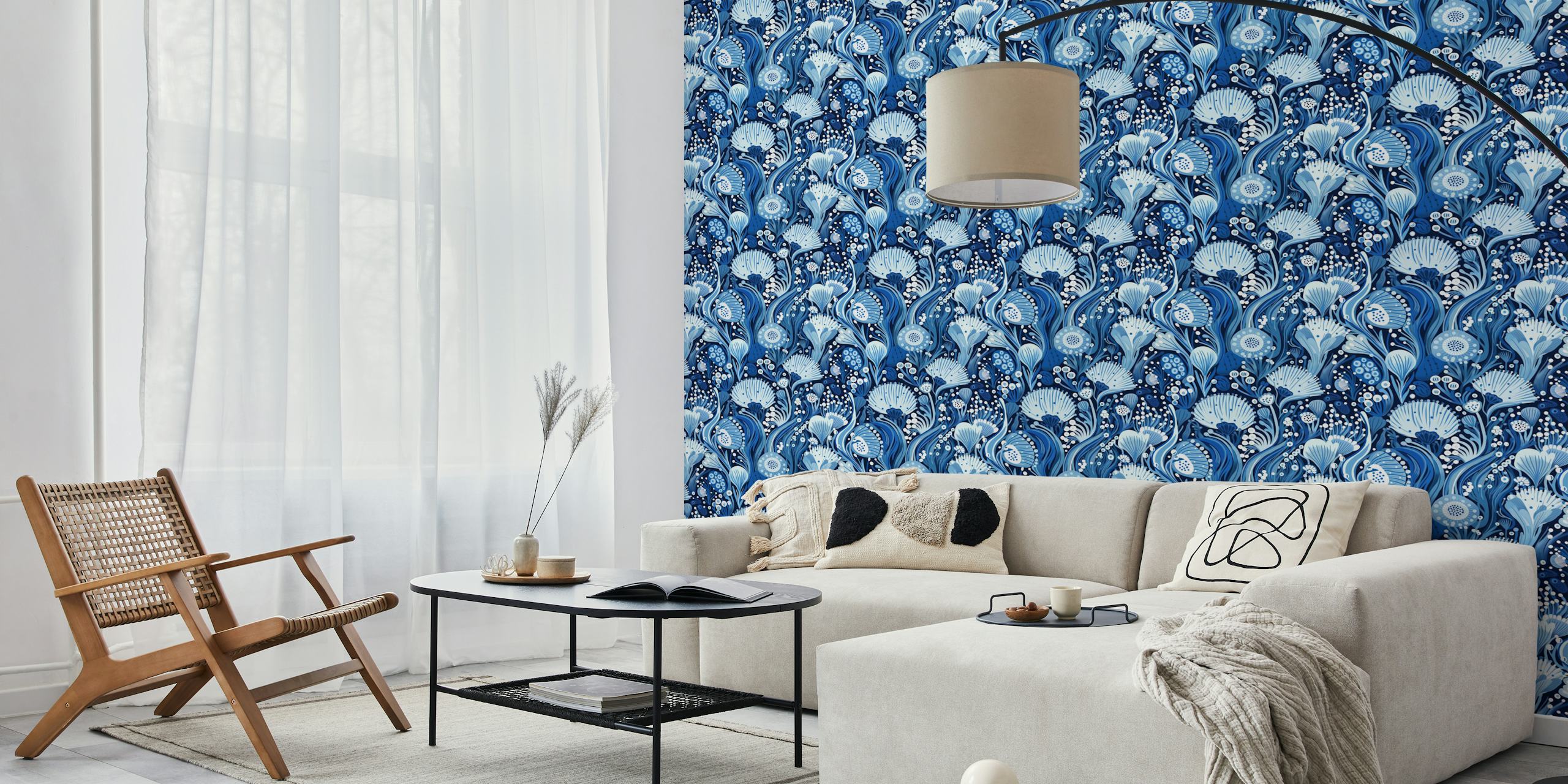 Underwater flora design featuring various blue flowers and bubbles wallpaper