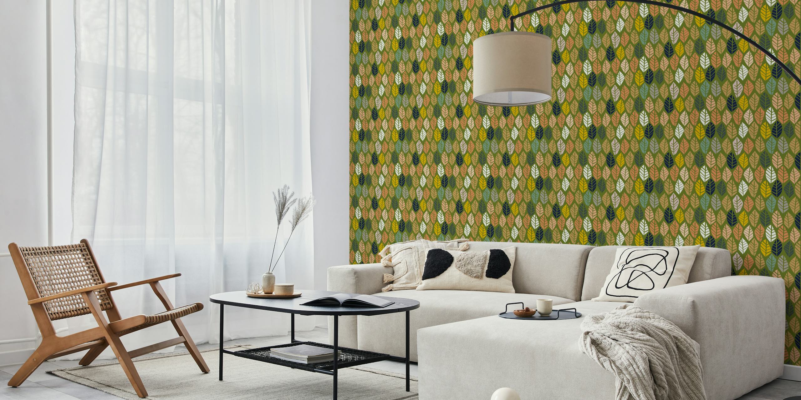 Colorful leaf pattern in various shades on green background wallpaper