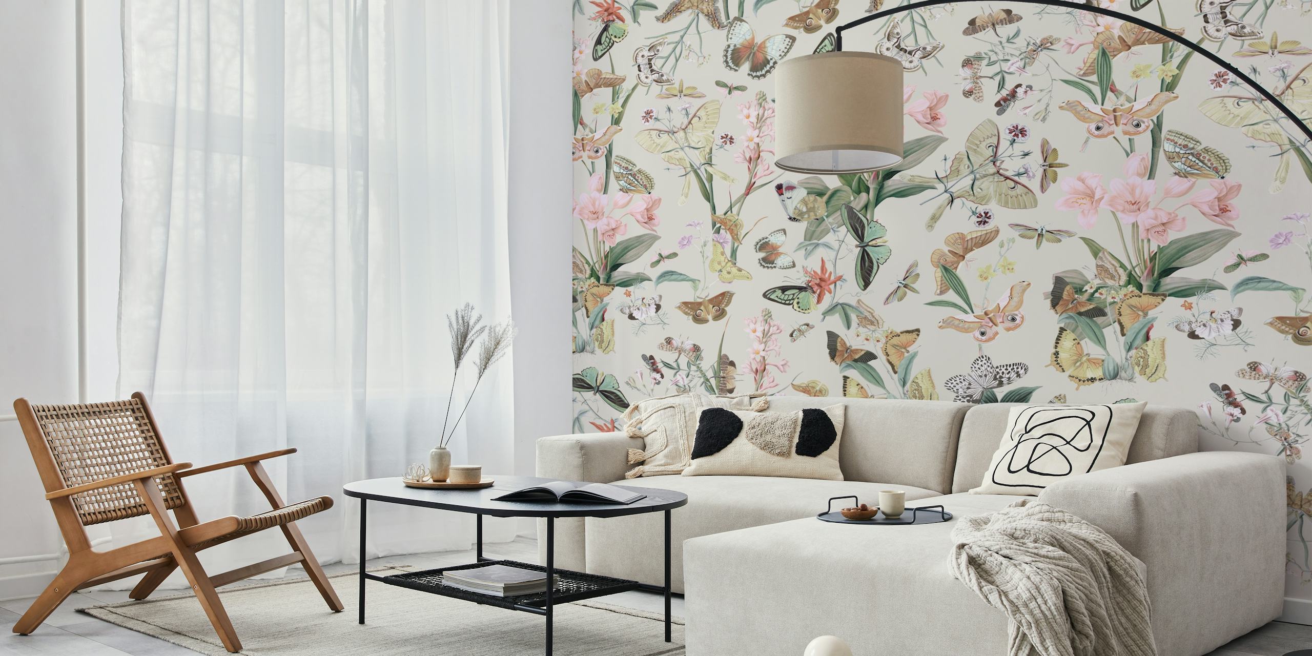 Floral butterfly wallpaper featuring pink flowers and various butterflies on a light background