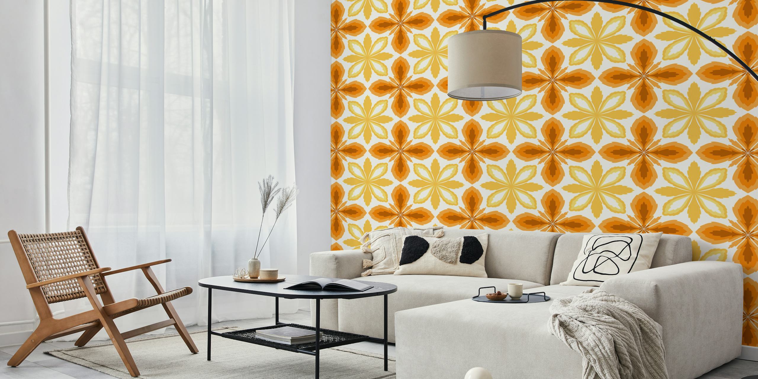 Ornate yellow and orange tile wallpaper in a room