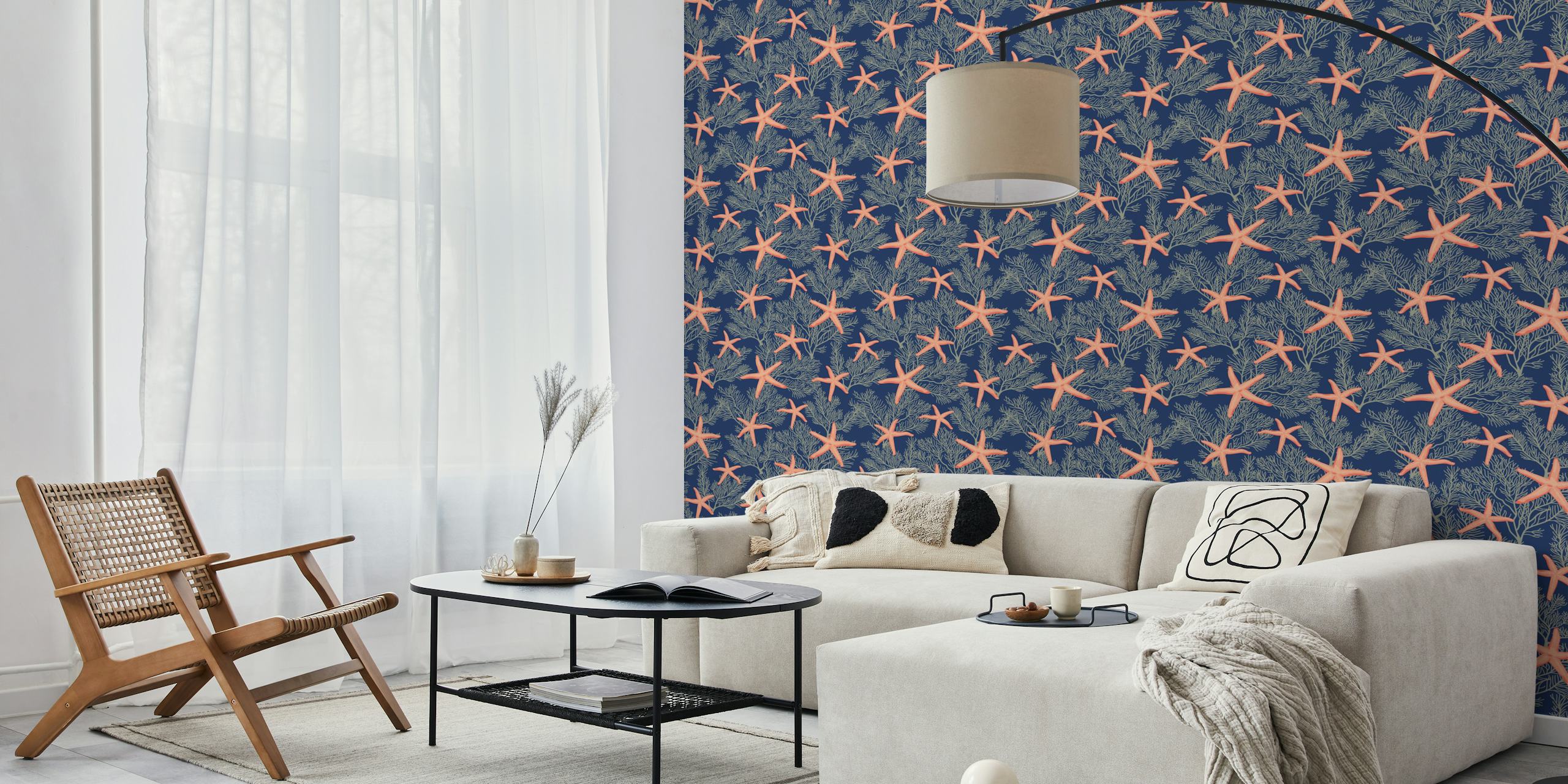 Starfishes on blue classic navy tapeta w pokoju