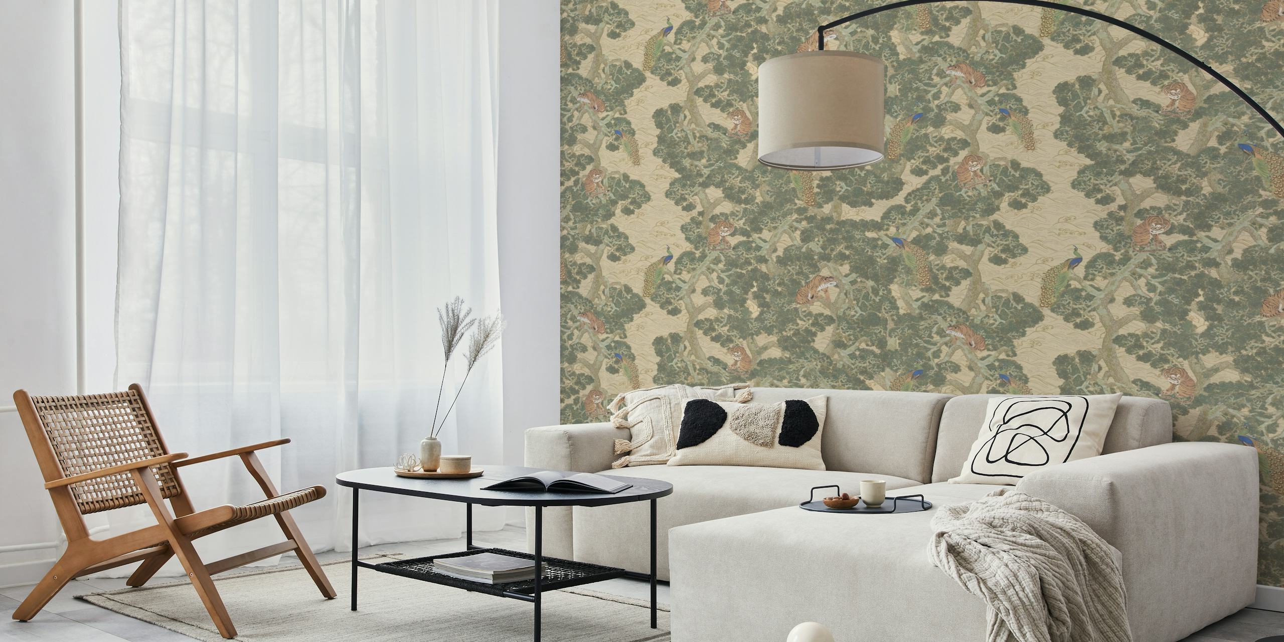 Vintage wallpaper featuring tigers and peacocks in earthy tones